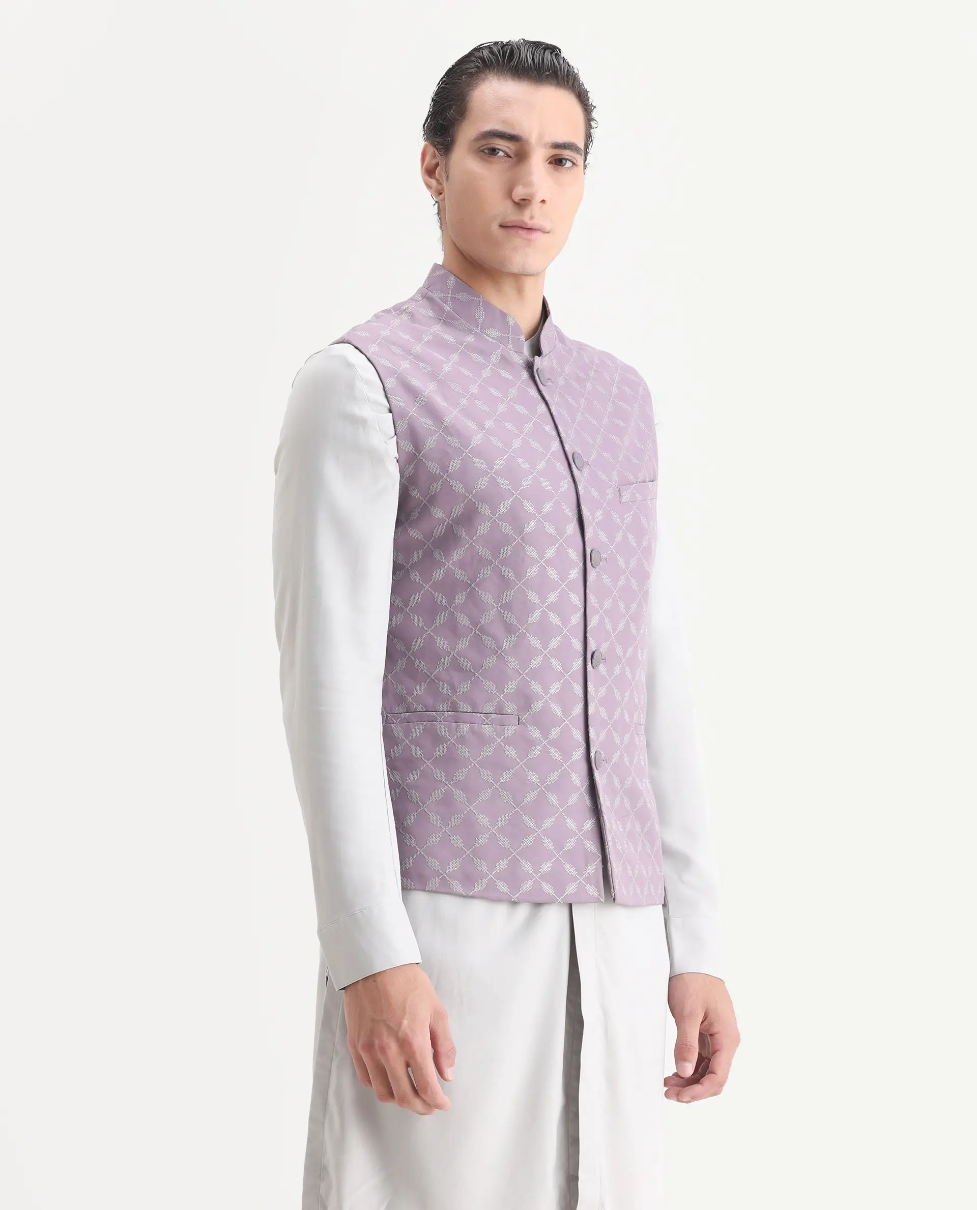 Rare Rabbit Men's Medob Pastel Purple Viscose Embroidered Tailored Fit Sleeveless Mandarin Collar Bandhgala Rare Rabbit Men's Lasmos-B1 Beige Viscose Embroidered Regular Fit Sleeveless Mandarin Collar Bandhgala Nehru Jacket - Image 5
