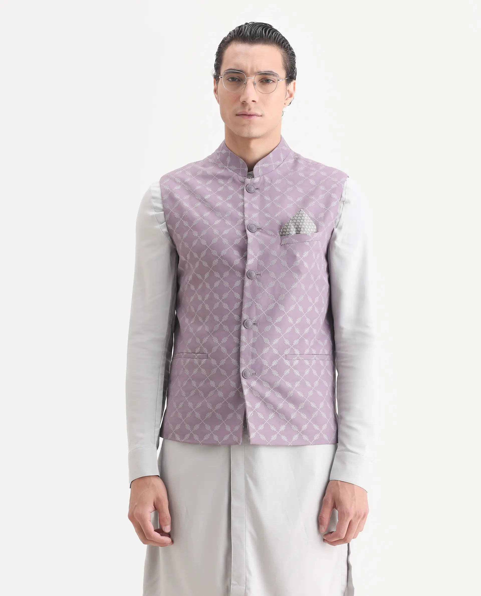 Rare Rabbit Men's Medob Pastel Purple Viscose Embroidered Tailored Fit Sleeveless Mandarin Collar Bandhgala Rare Rabbit Men's Lasmos-B1 Beige Viscose Embroidered Regular Fit Sleeveless Mandarin Collar Bandhgala Nehru Jacket - Image 6