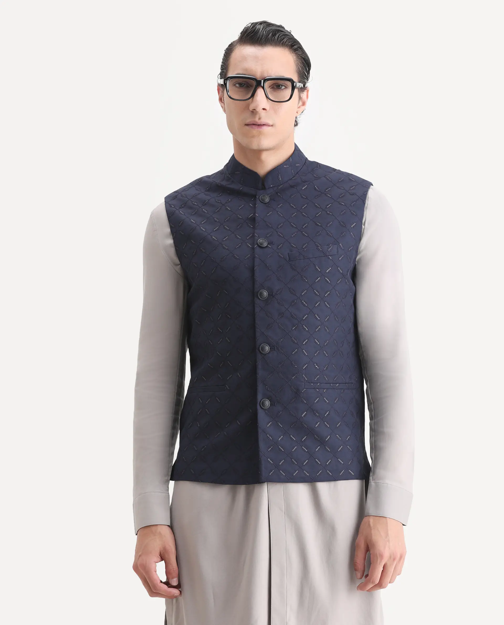 Rare Rabbit Men's Medo-B1 Dark Navy Viscose Embroidered Regular Fit Sleeveless Mandarin Collar Bandhgala Rare Rabbit Men's Lasmos-B1 Beige Viscose Embroidered Regular Fit Sleeveless Mandarin Collar Bandhgala Nehru Jacket