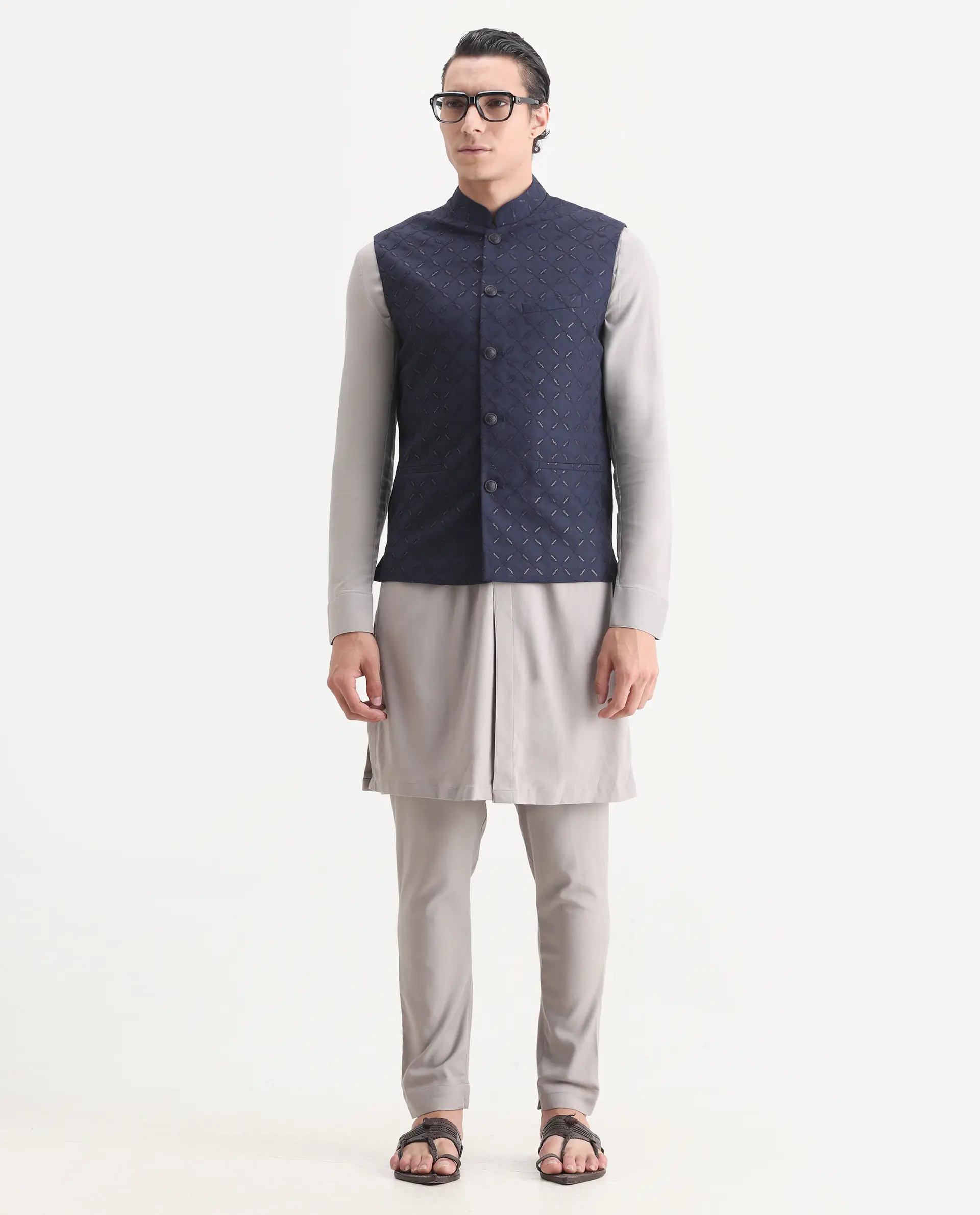 Rare Rabbit Men's Medo-B1 Dark Navy Viscose Embroidered Regular Fit Sleeveless Mandarin Collar Bandhgala Rare Rabbit Men's Lasmos-B1 Beige Viscose Embroidered Regular Fit Sleeveless Mandarin Collar Bandhgala Nehru Jacket - Image 2