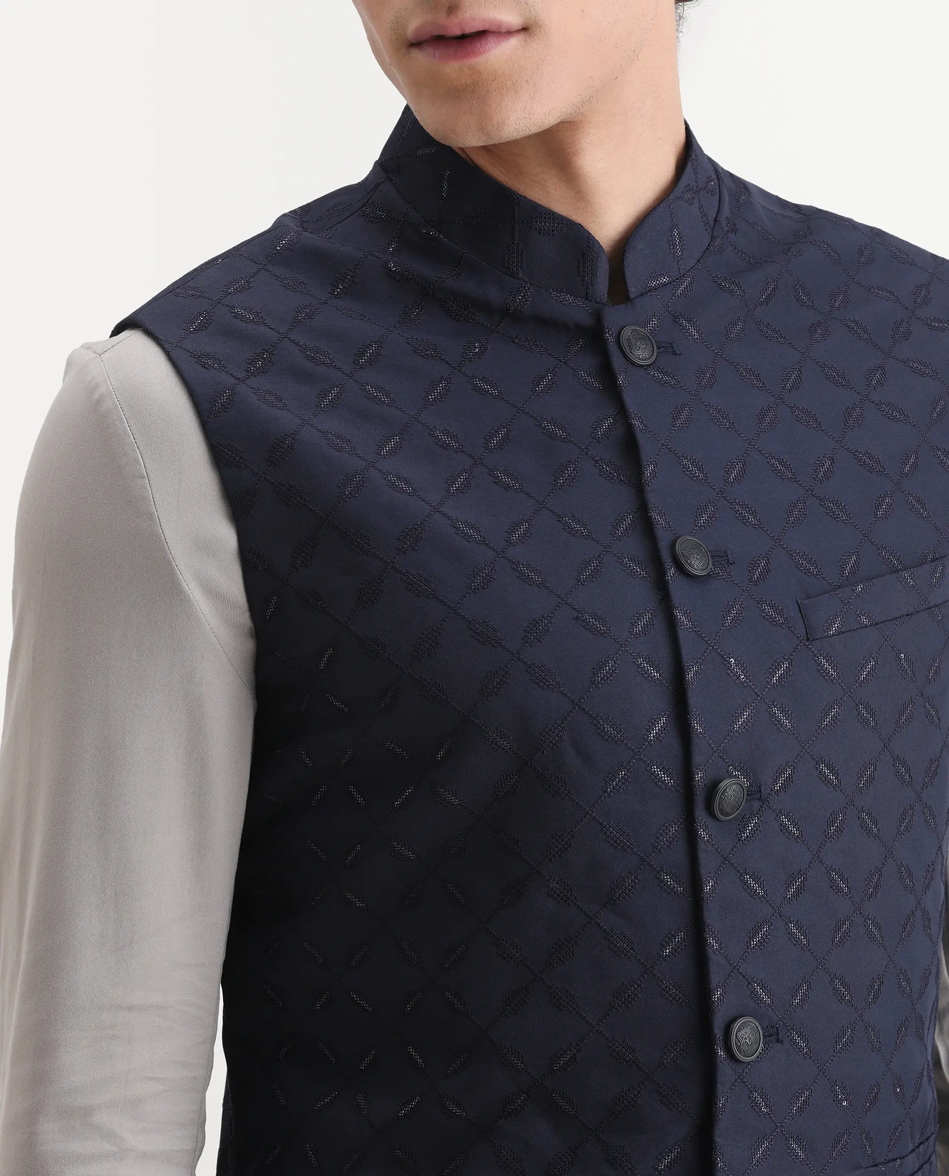 Rare Rabbit Men's Medo-B1 Dark Navy Viscose Embroidered Regular Fit Sleeveless Mandarin Collar Bandhgala Rare Rabbit Men's Lasmos-B1 Beige Viscose Embroidered Regular Fit Sleeveless Mandarin Collar Bandhgala Nehru Jacket - Image 3