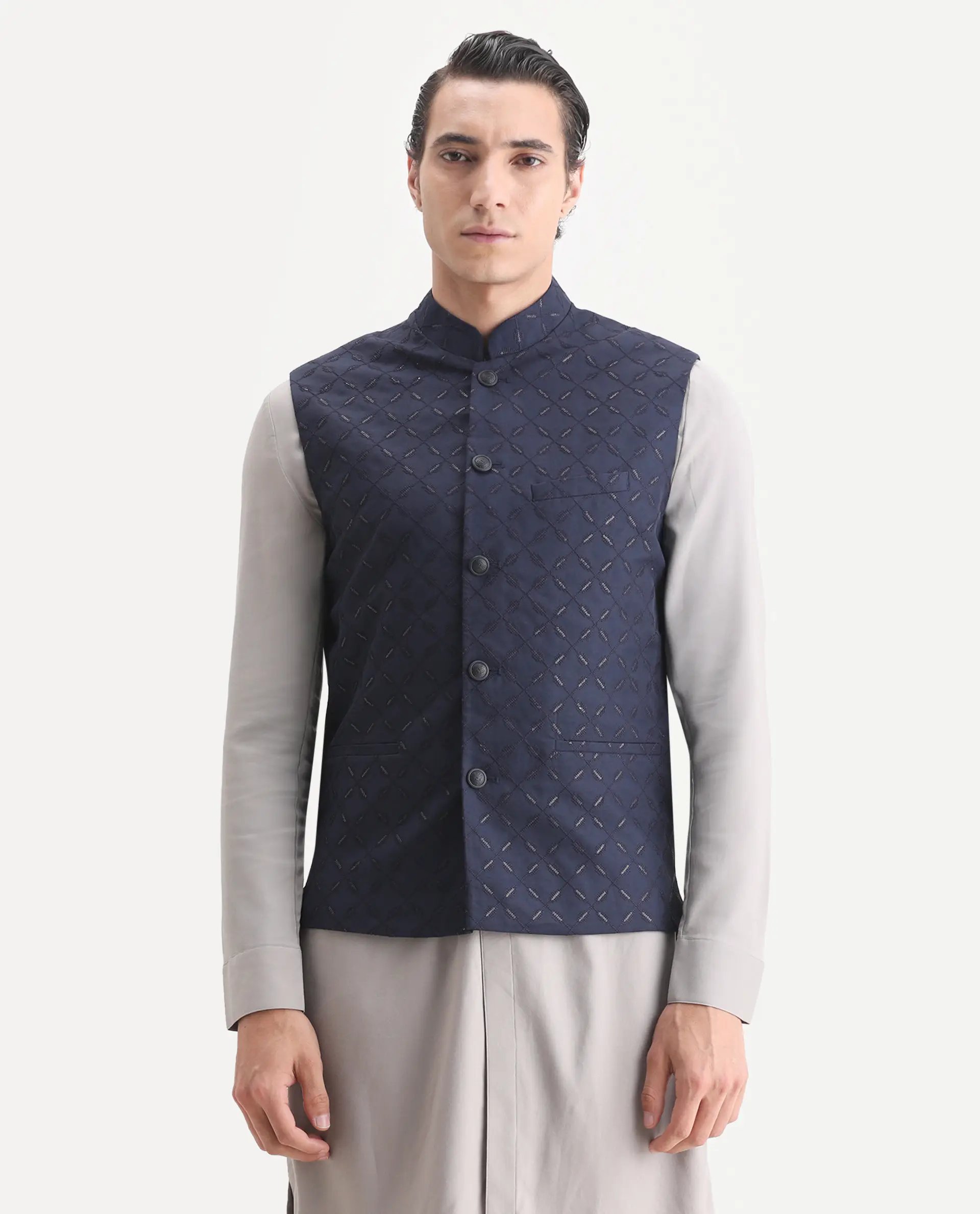 Rare Rabbit Men's Medo-B1 Dark Navy Viscose Embroidered Regular Fit Sleeveless Mandarin Collar Bandhgala Rare Rabbit Men's Lasmos-B1 Beige Viscose Embroidered Regular Fit Sleeveless Mandarin Collar Bandhgala Nehru Jacket - Image 4