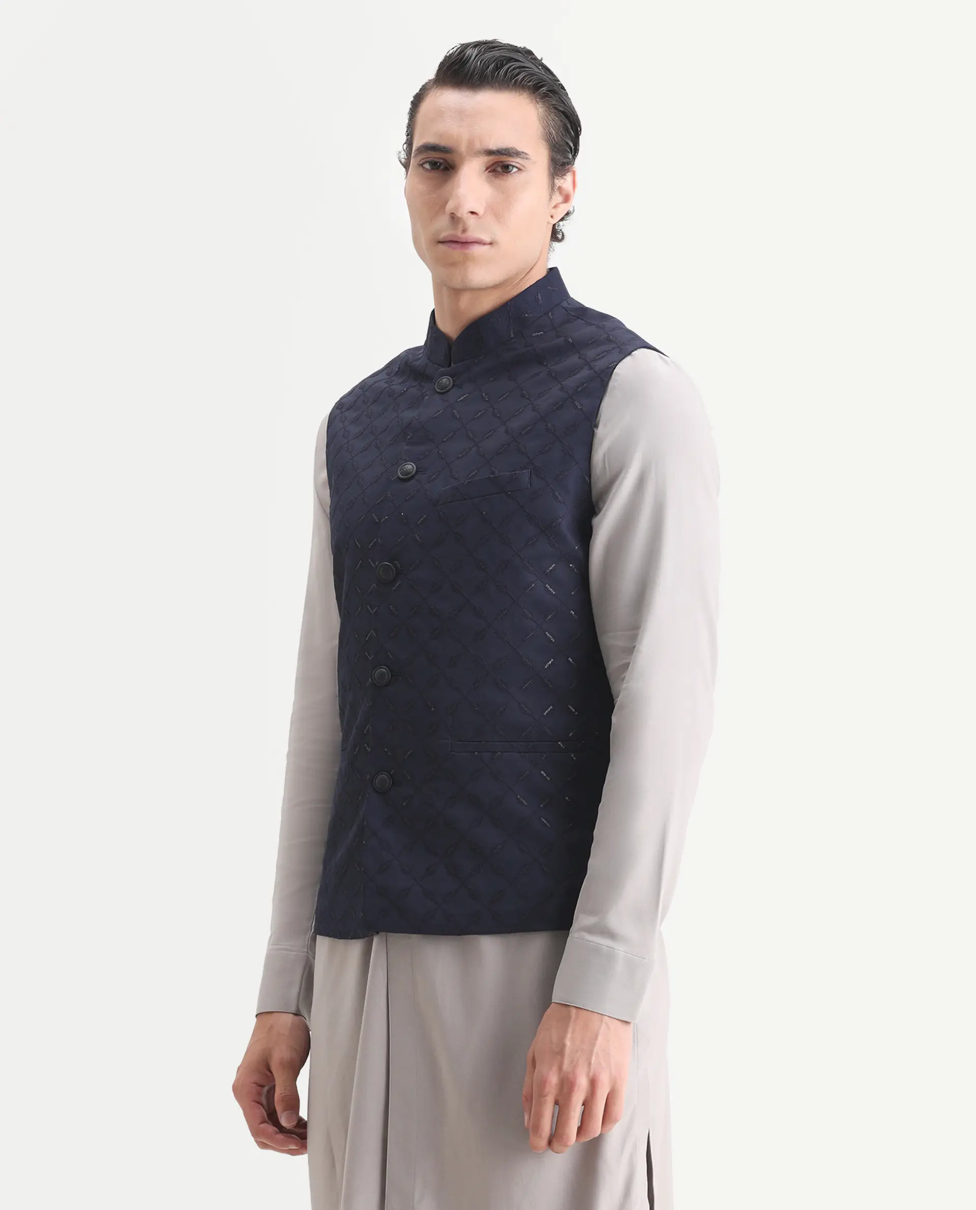 Rare Rabbit Men's Medo-B1 Dark Navy Viscose Embroidered Regular Fit Sleeveless Mandarin Collar Bandhgala Rare Rabbit Men's Lasmos-B1 Beige Viscose Embroidered Regular Fit Sleeveless Mandarin Collar Bandhgala Nehru Jacket - Image 5
