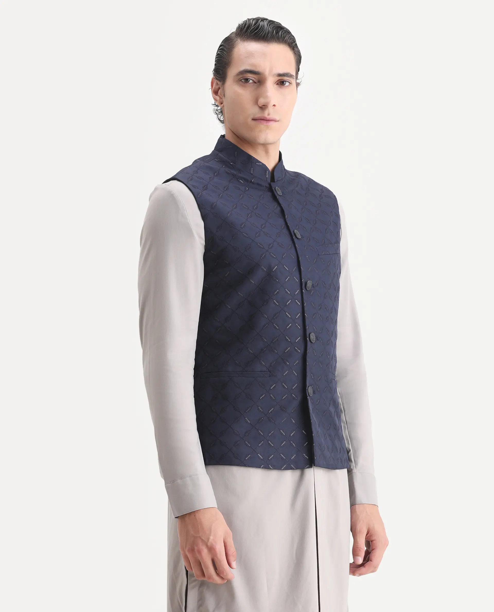 Rare Rabbit Men's Medo-B1 Dark Navy Viscose Embroidered Regular Fit Sleeveless Mandarin Collar Bandhgala Rare Rabbit Men's Lasmos-B1 Beige Viscose Embroidered Regular Fit Sleeveless Mandarin Collar Bandhgala Nehru Jacket - Image 6