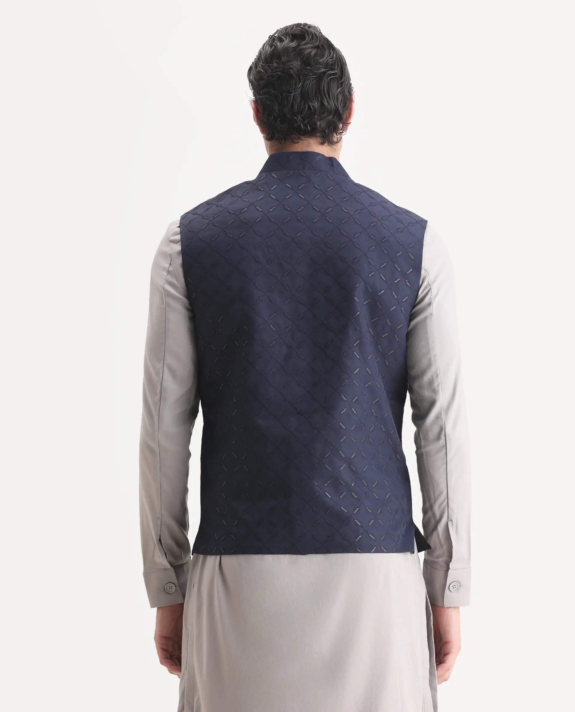 Rare Rabbit Men's Medo-B1 Dark Navy Viscose Embroidered Regular Fit Sleeveless Mandarin Collar Bandhgala Rare Rabbit Men's Lasmos-B1 Beige Viscose Embroidered Regular Fit Sleeveless Mandarin Collar Bandhgala Nehru Jacket - Image 7