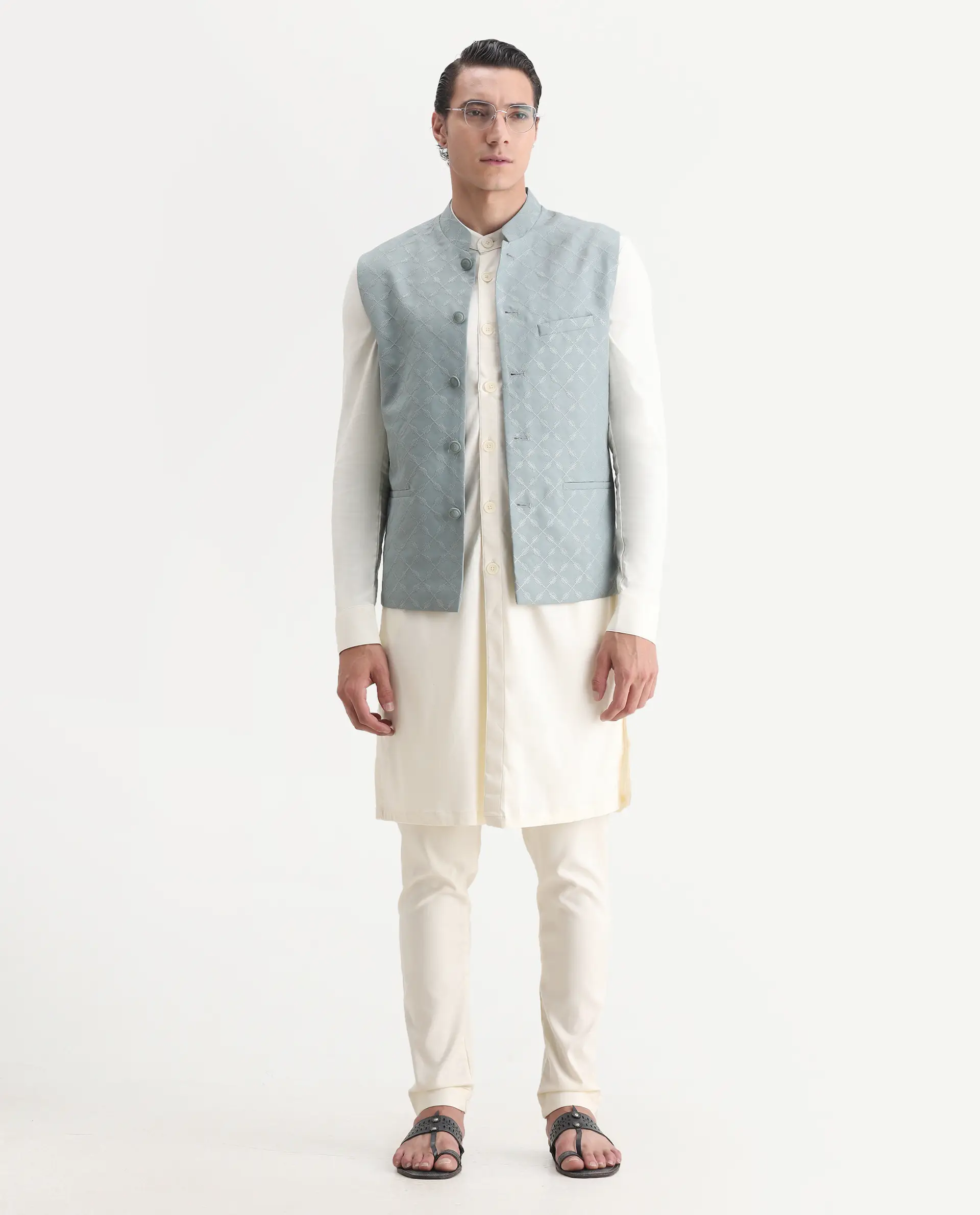 Rare Rabbit Men's Medo B1 Dusky Green Viscose Embroidered Regular Fit Sleeveless Mandarin Collar Bandhgala Rare Rabbit Men's Lasmos-B1 Beige Viscose Embroidered Regular Fit Sleeveless Mandarin Collar Bandhgala Nehru Jacket - Image 2