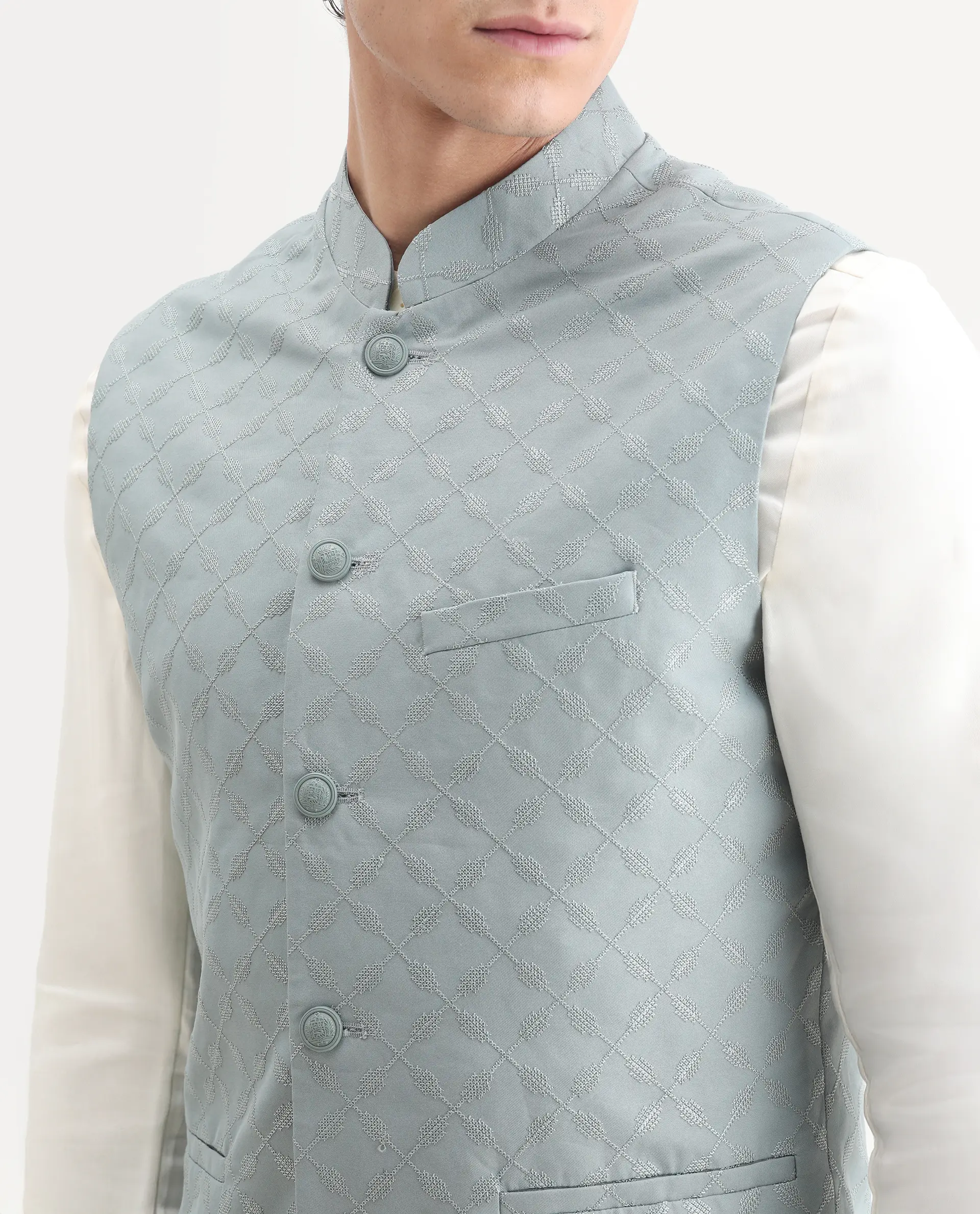 Rare Rabbit Men's Medo B1 Dusky Green Viscose Embroidered Regular Fit Sleeveless Mandarin Collar Bandhgala Rare Rabbit Men's Lasmos-B1 Beige Viscose Embroidered Regular Fit Sleeveless Mandarin Collar Bandhgala Nehru Jacket - Image 3