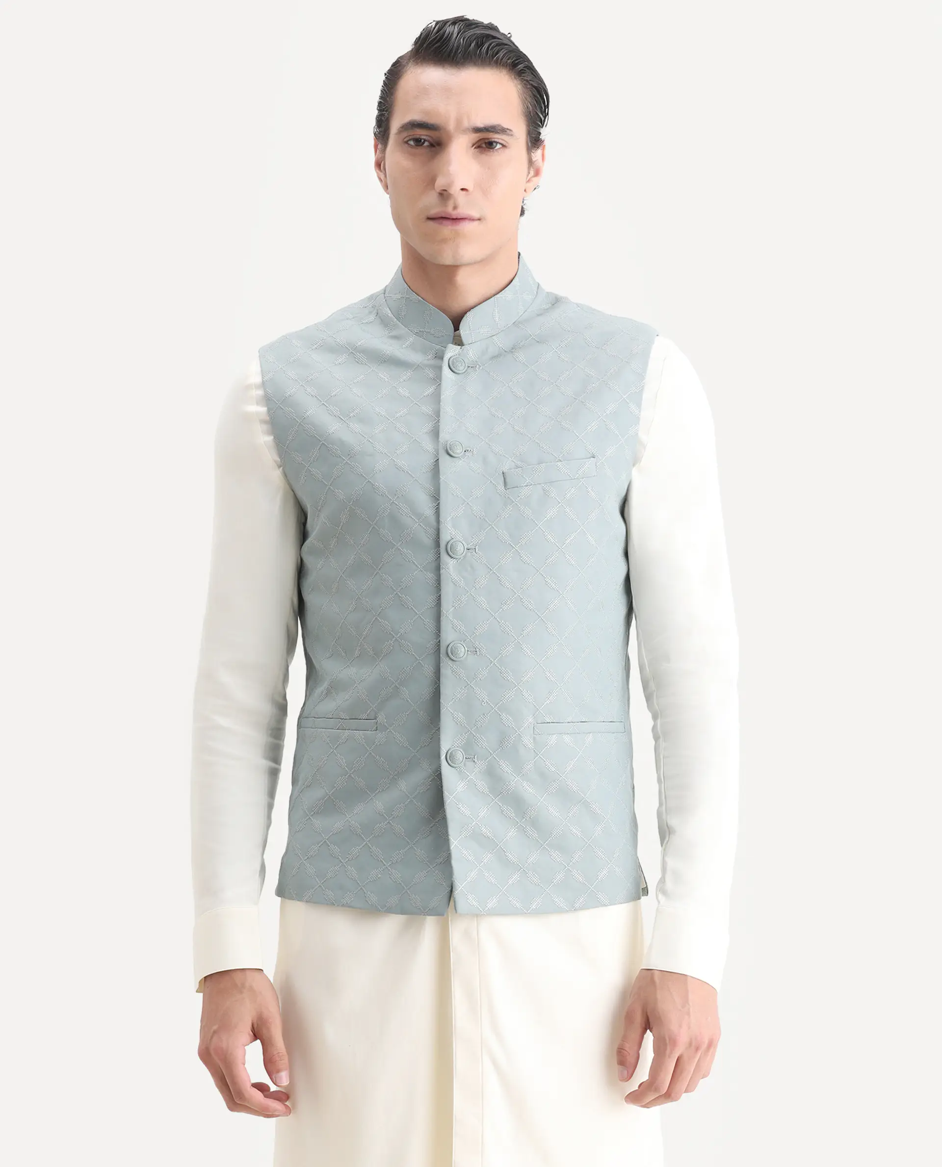 Rare Rabbit Men's Medo B1 Dusky Green Viscose Embroidered Regular Fit Sleeveless Mandarin Collar Bandhgala Rare Rabbit Men's Lasmos-B1 Beige Viscose Embroidered Regular Fit Sleeveless Mandarin Collar Bandhgala Nehru Jacket - Image 4