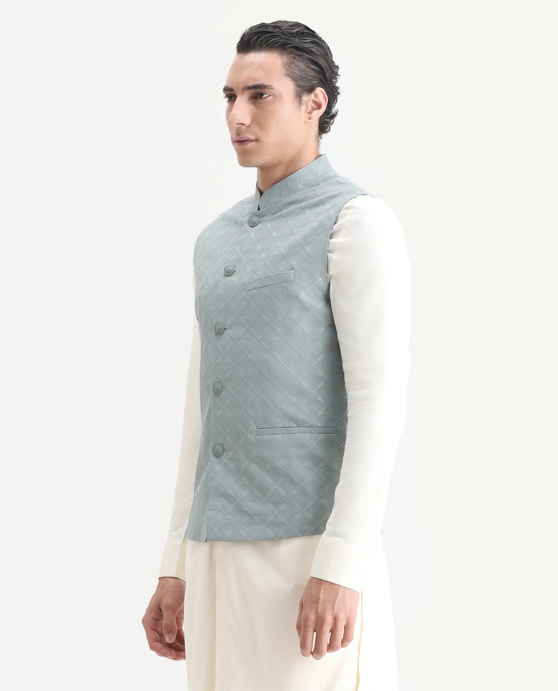 Rare Rabbit Men's Medo B1 Dusky Green Viscose Embroidered Regular Fit Sleeveless Mandarin Collar Bandhgala Rare Rabbit Men's Lasmos-B1 Beige Viscose Embroidered Regular Fit Sleeveless Mandarin Collar Bandhgala Nehru Jacket - Image 5
