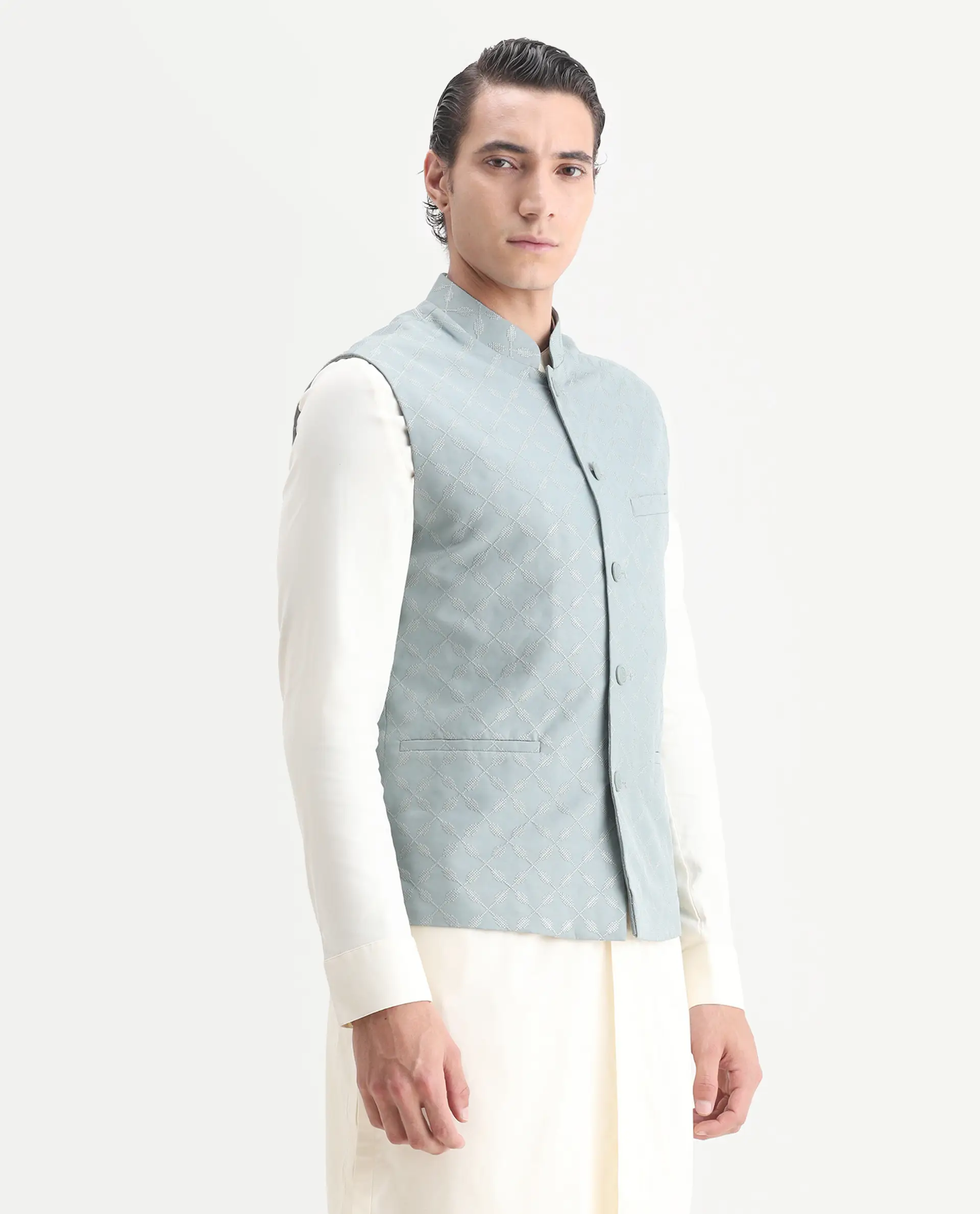 Rare Rabbit Men's Medo B1 Dusky Green Viscose Embroidered Regular Fit Sleeveless Mandarin Collar Bandhgala Rare Rabbit Men's Lasmos-B1 Beige Viscose Embroidered Regular Fit Sleeveless Mandarin Collar Bandhgala Nehru Jacket - Image 6