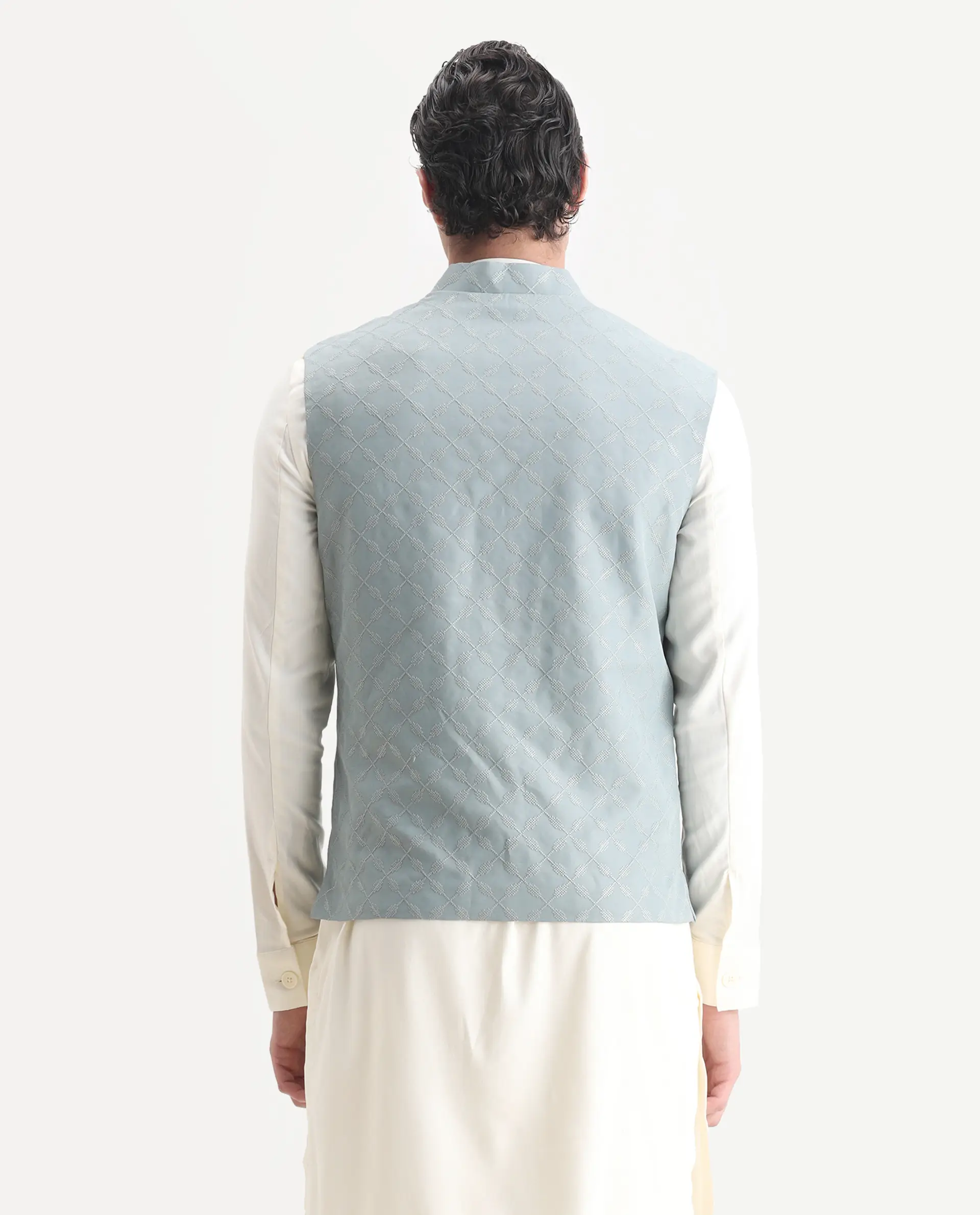 Rare Rabbit Men's Medo B1 Dusky Green Viscose Embroidered Regular Fit Sleeveless Mandarin Collar Bandhgala Rare Rabbit Men's Lasmos-B1 Beige Viscose Embroidered Regular Fit Sleeveless Mandarin Collar Bandhgala Nehru Jacket - Image 7