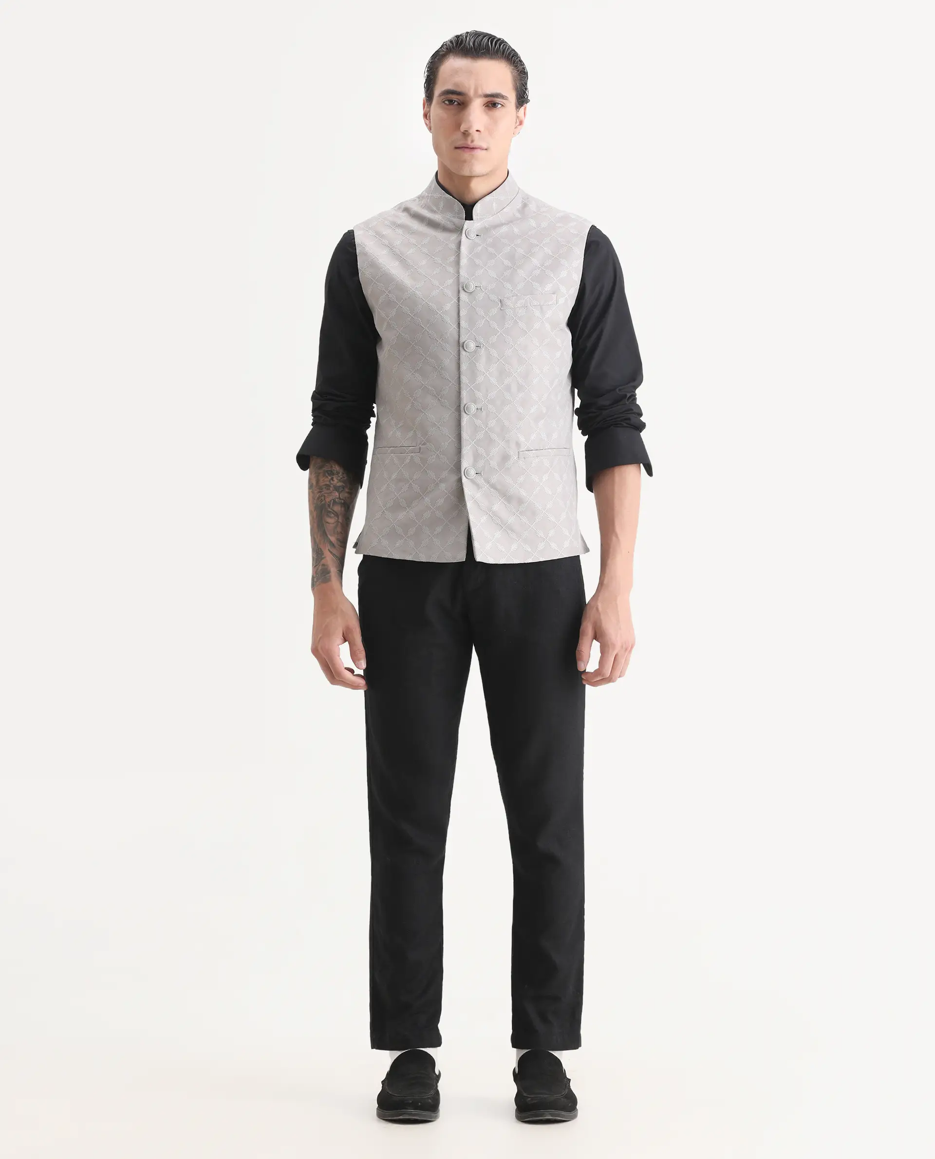 Rare Rabbit Men's Medo-B1 Grey Viscose Embroidered Regular Fit Sleeveless Mandarin Collar Bandhgala Rare Rabbit Men's Lasmos-B1 Beige Viscose Embroidered Regular Fit Sleeveless Mandarin Collar Bandhgala Nehru Jacket - Image 2
