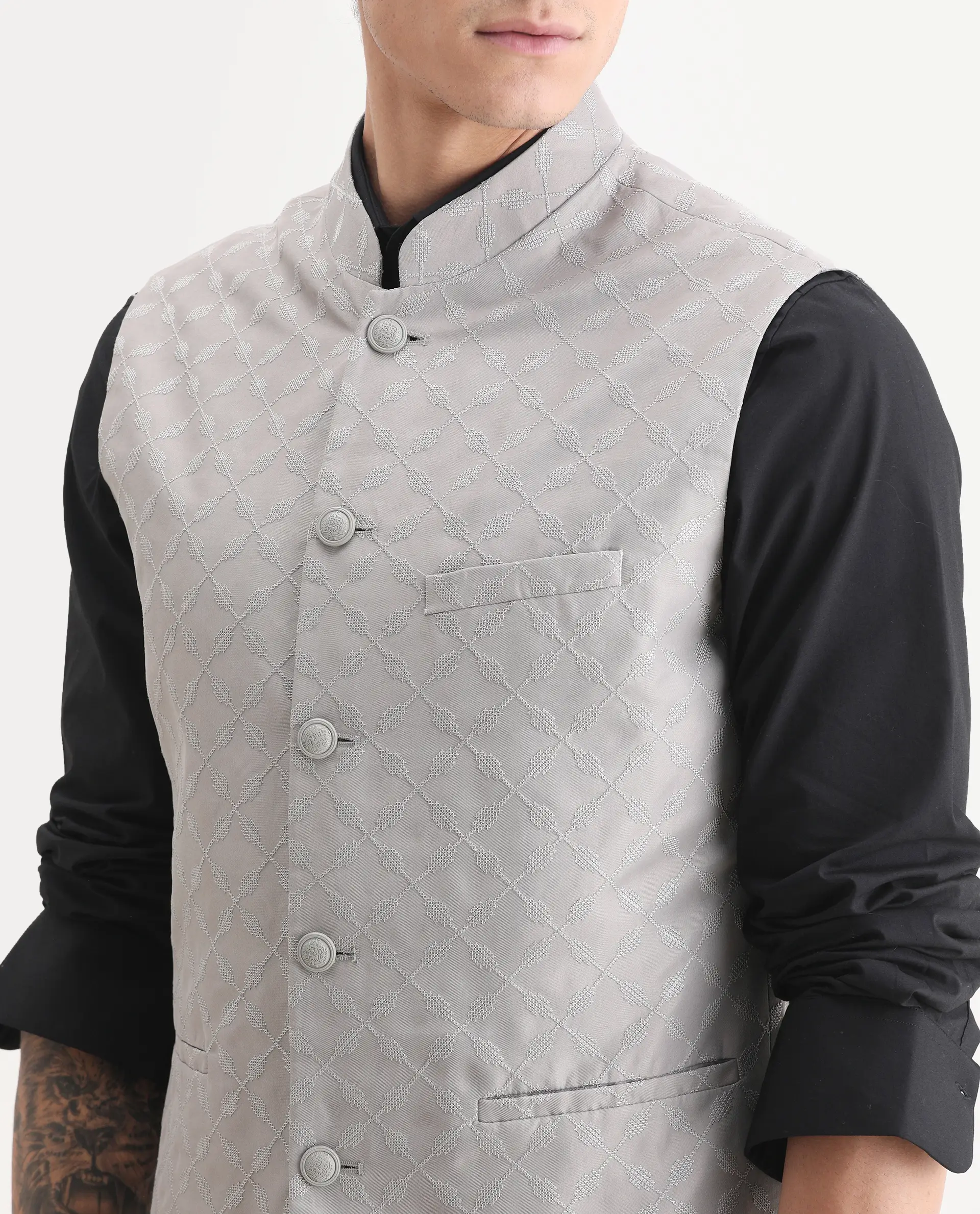 Rare Rabbit Men's Medo-B1 Grey Viscose Embroidered Regular Fit Sleeveless Mandarin Collar Bandhgala Rare Rabbit Men's Lasmos-B1 Beige Viscose Embroidered Regular Fit Sleeveless Mandarin Collar Bandhgala Nehru Jacket - Image 3