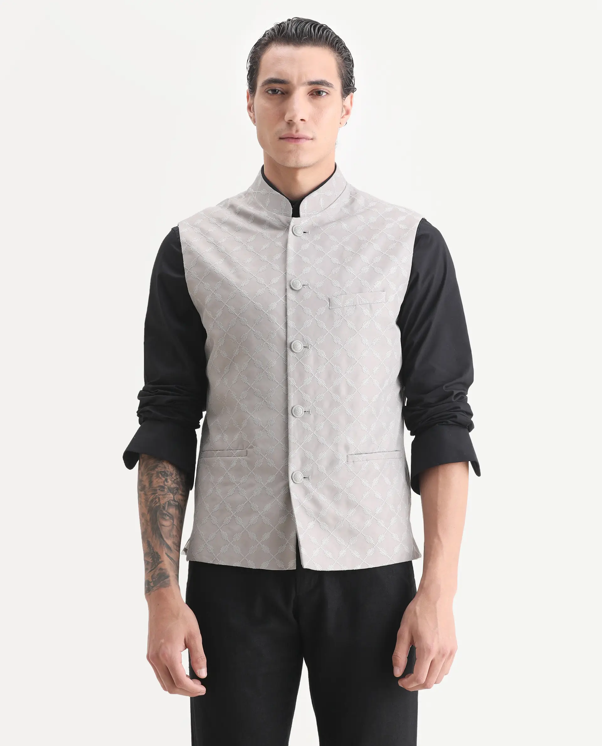 Rare Rabbit Men's Medo-B1 Grey Viscose Embroidered Regular Fit Sleeveless Mandarin Collar Bandhgala Rare Rabbit Men's Lasmos-B1 Beige Viscose Embroidered Regular Fit Sleeveless Mandarin Collar Bandhgala Nehru Jacket - Image 4