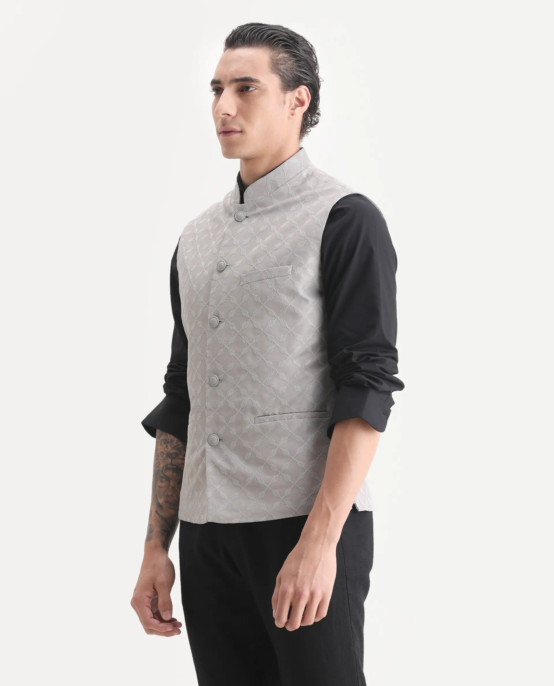 Rare Rabbit Men's Medo-B1 Grey Viscose Embroidered Regular Fit Sleeveless Mandarin Collar Bandhgala Rare Rabbit Men's Lasmos-B1 Beige Viscose Embroidered Regular Fit Sleeveless Mandarin Collar Bandhgala Nehru Jacket - Image 5