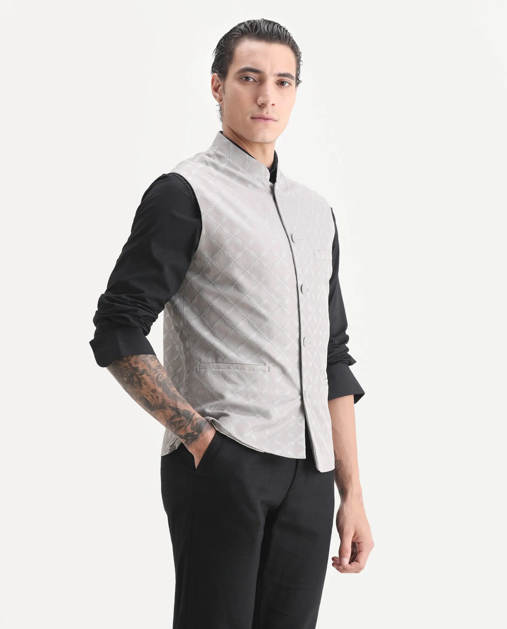 Rare Rabbit Men's Medo-B1 Grey Viscose Embroidered Regular Fit Sleeveless Mandarin Collar Bandhgala Rare Rabbit Men's Lasmos-B1 Beige Viscose Embroidered Regular Fit Sleeveless Mandarin Collar Bandhgala Nehru Jacket - Image 6