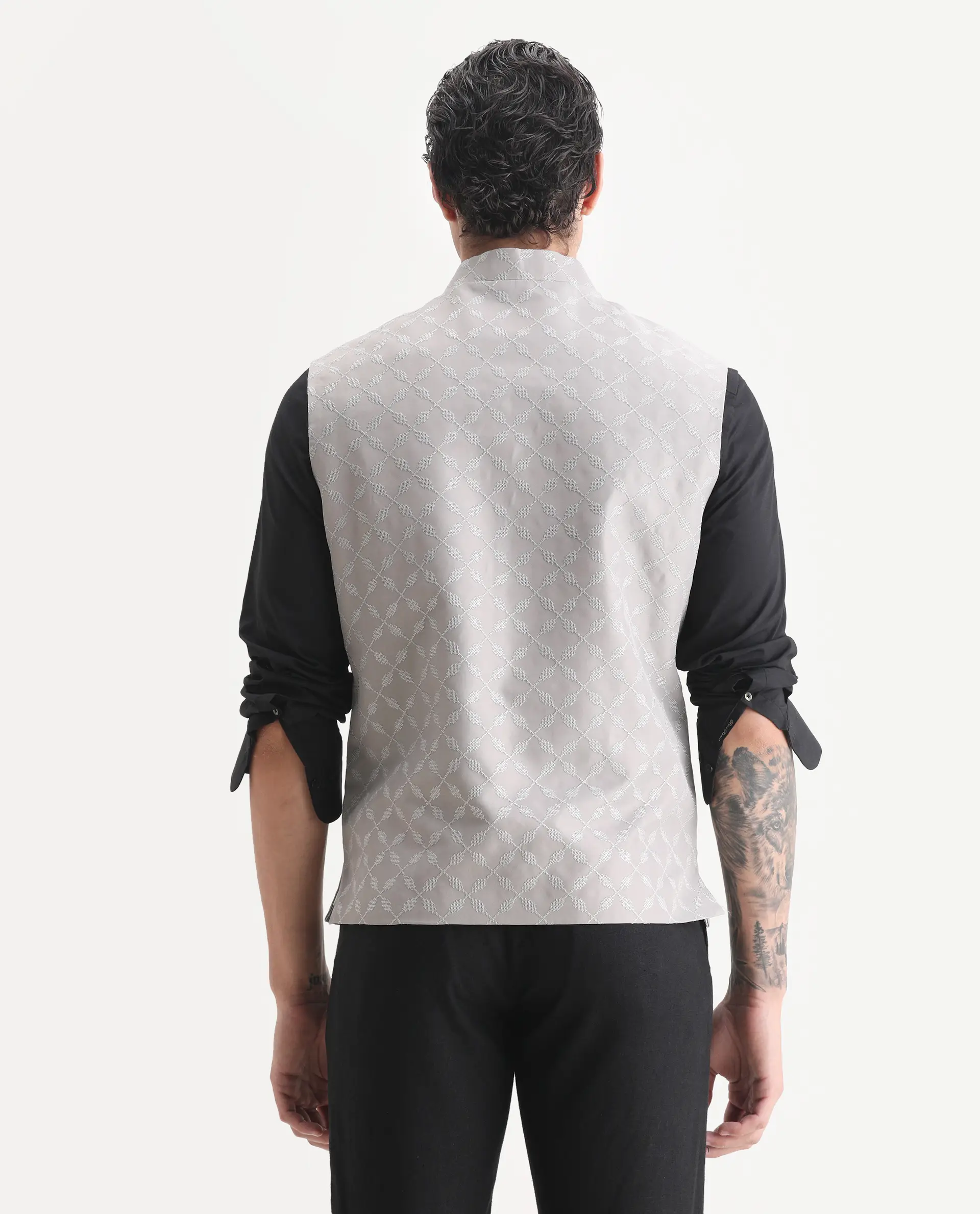 Rare Rabbit Men's Medo-B1 Grey Viscose Embroidered Regular Fit Sleeveless Mandarin Collar Bandhgala Rare Rabbit Men's Lasmos-B1 Beige Viscose Embroidered Regular Fit Sleeveless Mandarin Collar Bandhgala Nehru Jacket - Image 7