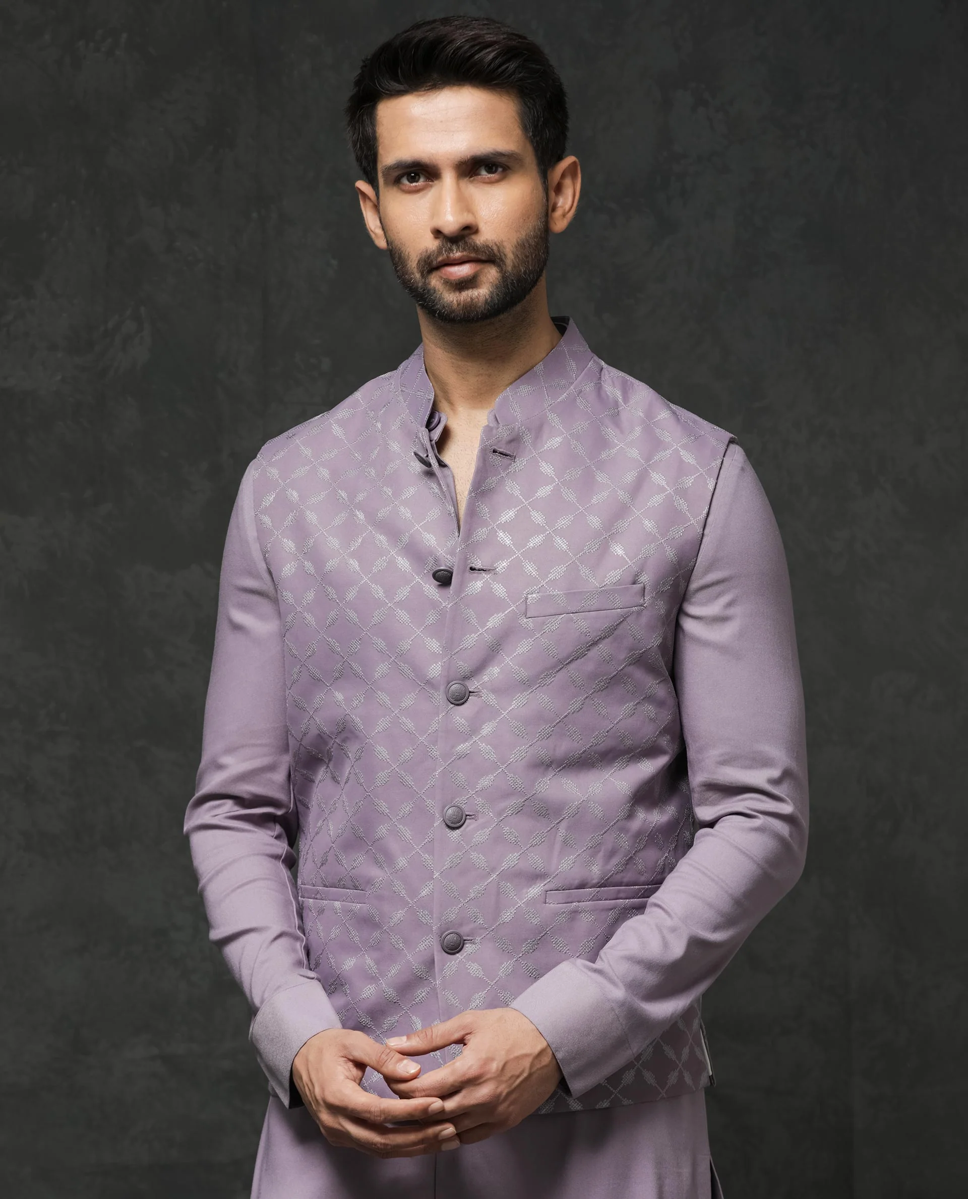 Rare Rabbit Men's Medo-B1 Pastel Purple Viscose Embroidered Tailored Fit Sleeveless Mandarin Collar Bandhgala Rare Rabbit Men's Lasmos-B1 Beige Viscose Embroidered Regular Fit Sleeveless Mandarin Collar Bandhgala Nehru Jacket - Image 10