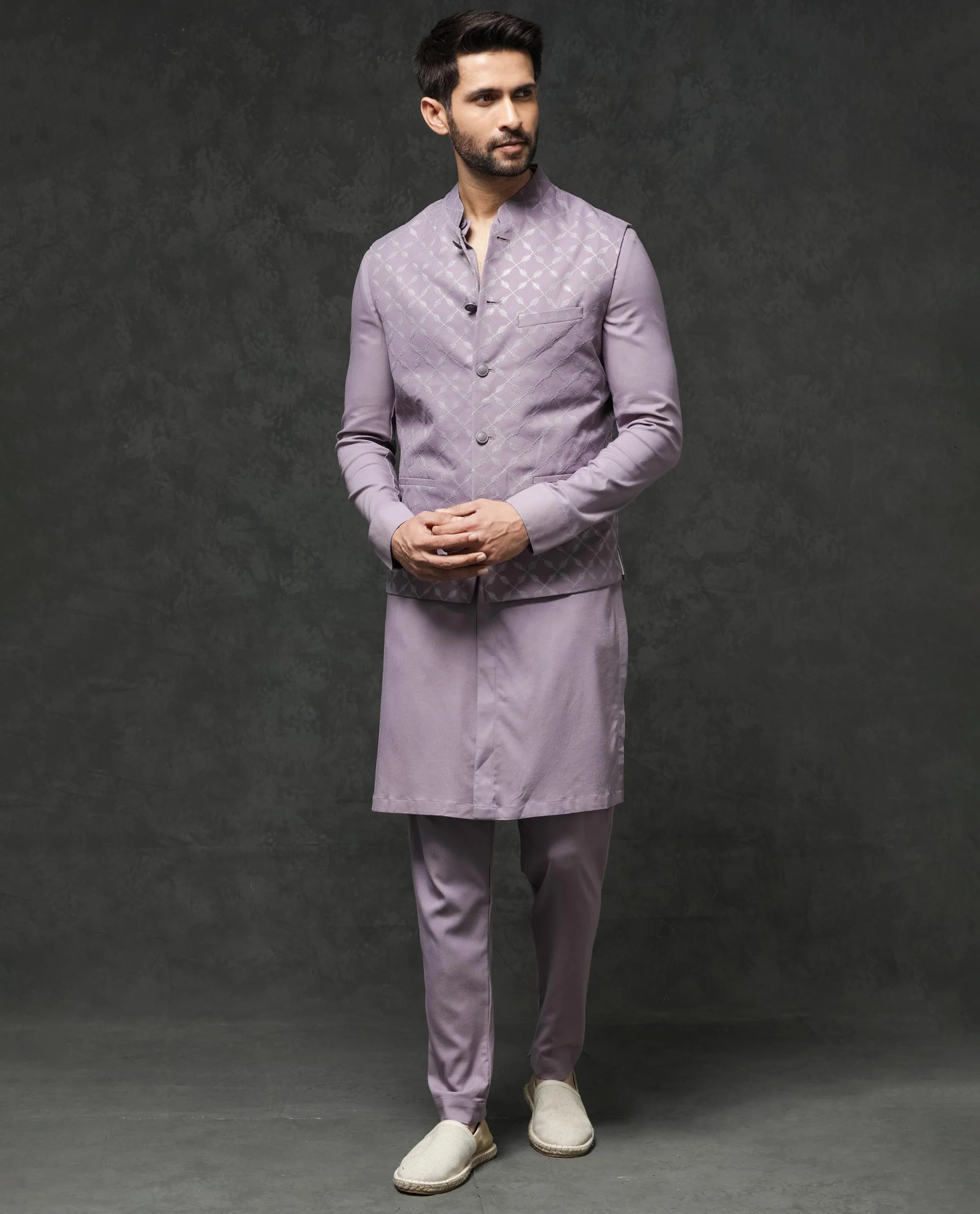 Rare Rabbit Men's Medo-B1 Pastel Purple Viscose Embroidered Tailored Fit Sleeveless Mandarin Collar Bandhgala Rare Rabbit Men's Lasmos-B1 Beige Viscose Embroidered Regular Fit Sleeveless Mandarin Collar Bandhgala Nehru Jacket - Image 2