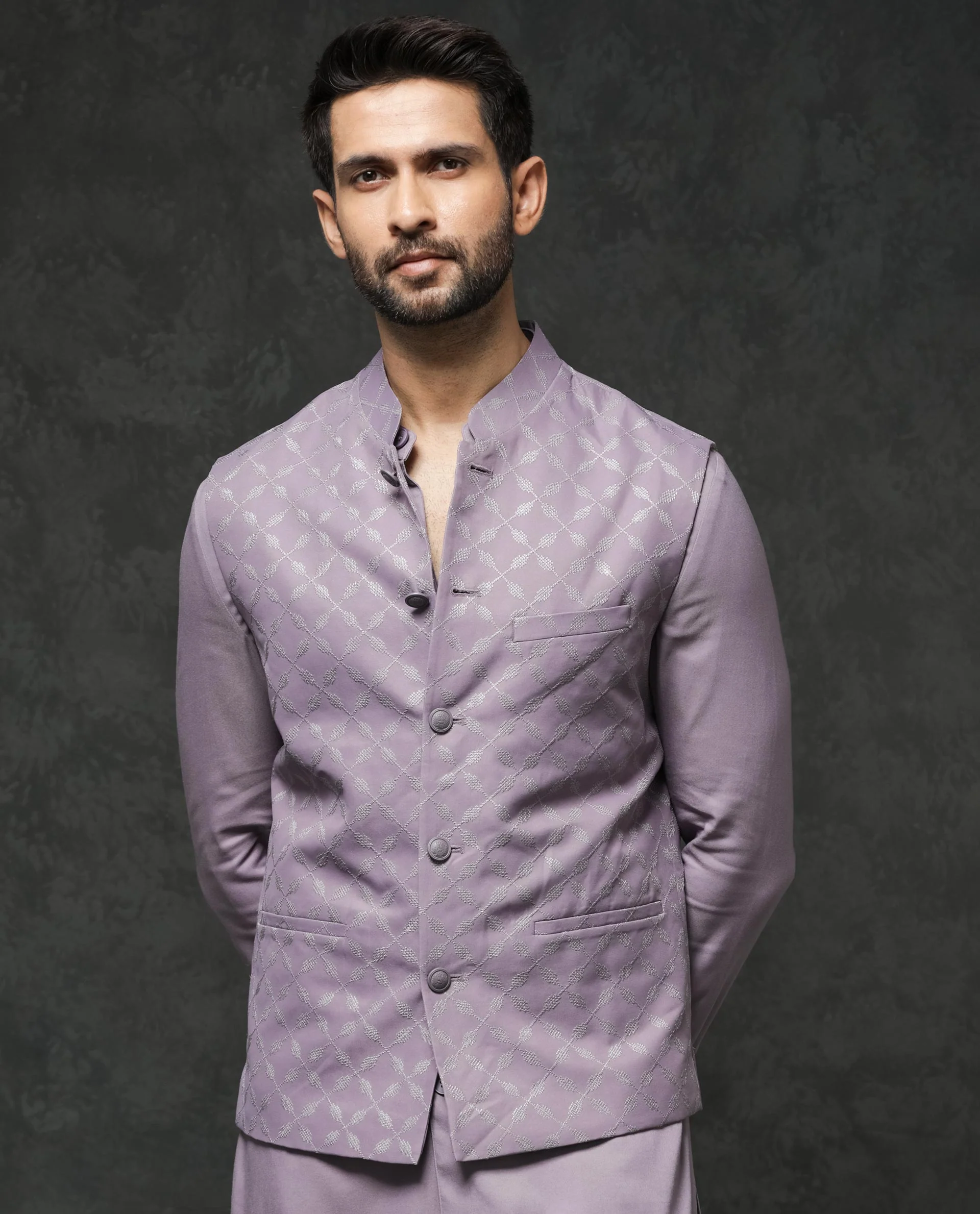 Rare Rabbit Men's Medo-B1 Pastel Purple Viscose Embroidered Tailored Fit Sleeveless Mandarin Collar Bandhgala Rare Rabbit Men's Lasmos-B1 Beige Viscose Embroidered Regular Fit Sleeveless Mandarin Collar Bandhgala Nehru Jacket - Image 3
