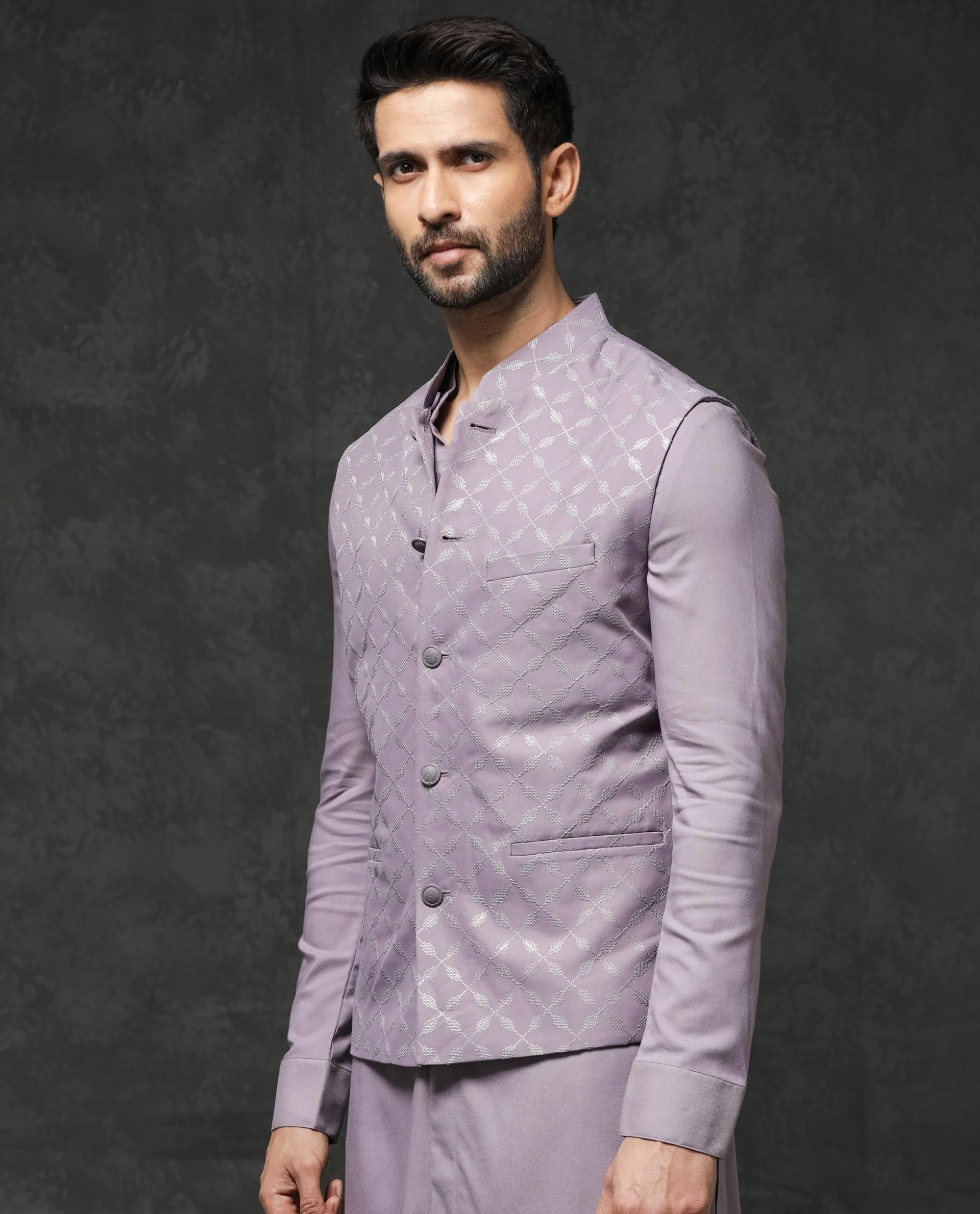 Rare Rabbit Men's Medo-B1 Pastel Purple Viscose Embroidered Tailored Fit Sleeveless Mandarin Collar Bandhgala Rare Rabbit Men's Lasmos-B1 Beige Viscose Embroidered Regular Fit Sleeveless Mandarin Collar Bandhgala Nehru Jacket - Image 4