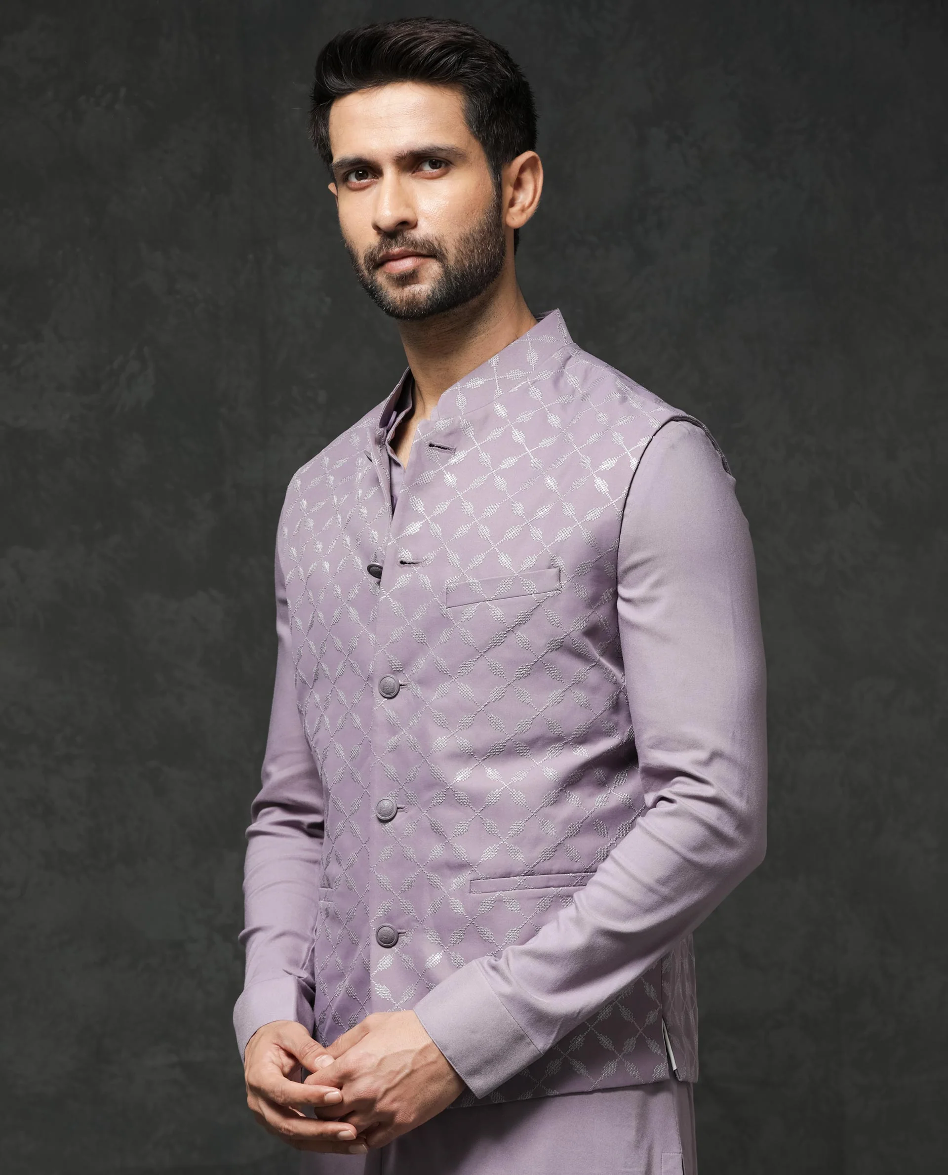 Rare Rabbit Men's Medo-B1 Pastel Purple Viscose Embroidered Tailored Fit Sleeveless Mandarin Collar Bandhgala Rare Rabbit Men's Lasmos-B1 Beige Viscose Embroidered Regular Fit Sleeveless Mandarin Collar Bandhgala Nehru Jacket - Image 5