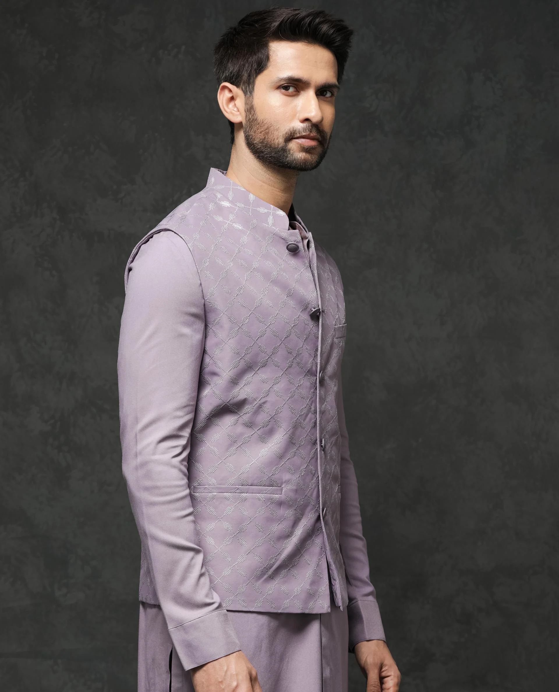 Rare Rabbit Men's Medo-B1 Pastel Purple Viscose Embroidered Tailored Fit Sleeveless Mandarin Collar Bandhgala Rare Rabbit Men's Lasmos-B1 Beige Viscose Embroidered Regular Fit Sleeveless Mandarin Collar Bandhgala Nehru Jacket - Image 6