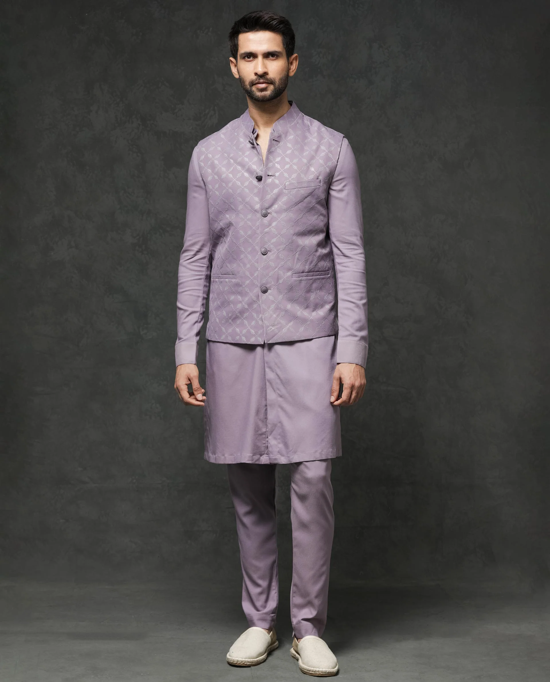 Rare Rabbit Men's Medo-B1 Pastel Purple Viscose Embroidered Tailored Fit Sleeveless Mandarin Collar Bandhgala Rare Rabbit Men's Lasmos-B1 Beige Viscose Embroidered Regular Fit Sleeveless Mandarin Collar Bandhgala Nehru Jacket - Image 7