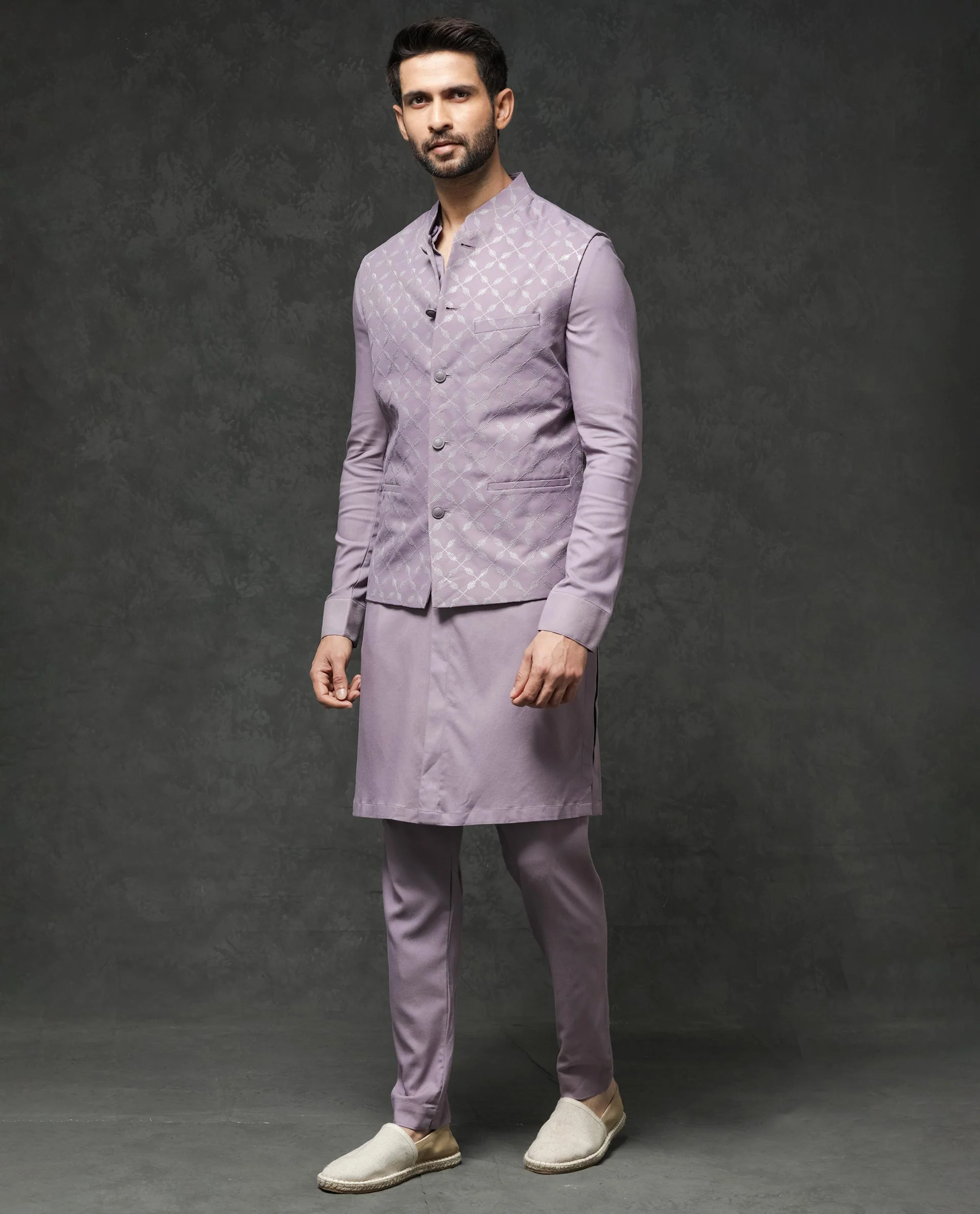 Rare Rabbit Men's Medo-B1 Pastel Purple Viscose Embroidered Tailored Fit Sleeveless Mandarin Collar Bandhgala Rare Rabbit Men's Lasmos-B1 Beige Viscose Embroidered Regular Fit Sleeveless Mandarin Collar Bandhgala Nehru Jacket - Image 8