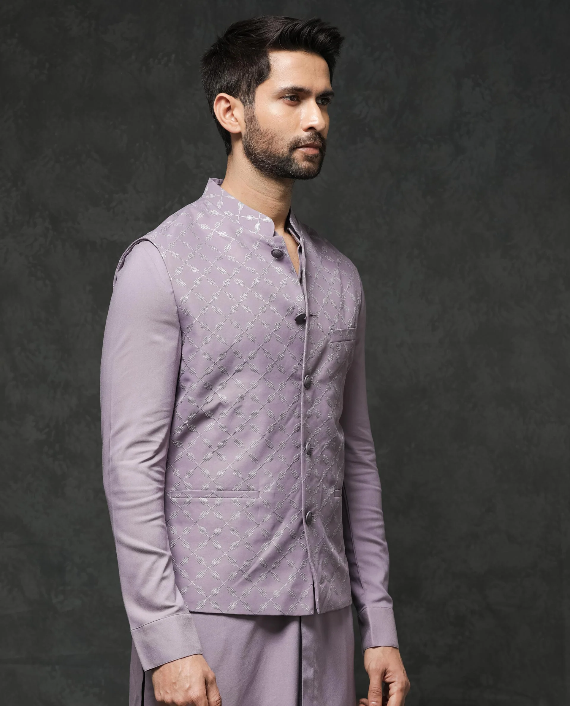 Rare Rabbit Men's Medo-B1 Pastel Purple Viscose Embroidered Tailored Fit Sleeveless Mandarin Collar Bandhgala Rare Rabbit Men's Lasmos-B1 Beige Viscose Embroidered Regular Fit Sleeveless Mandarin Collar Bandhgala Nehru Jacket - Image 9