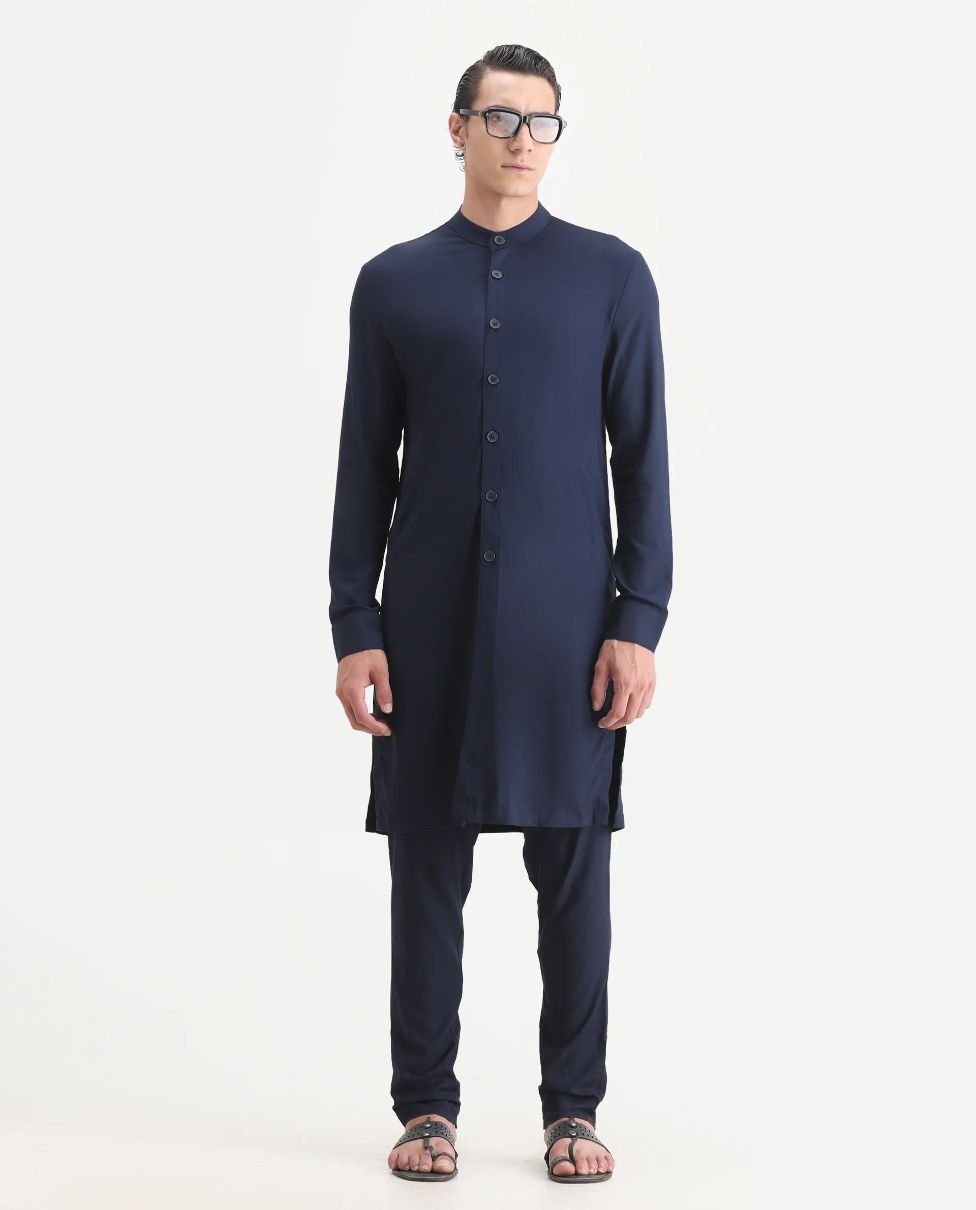 Rare Rabbit Men's Medok Dark Navy Plain Regular Fit Full Sleeve Mandarin Collar Kurta - Image 2