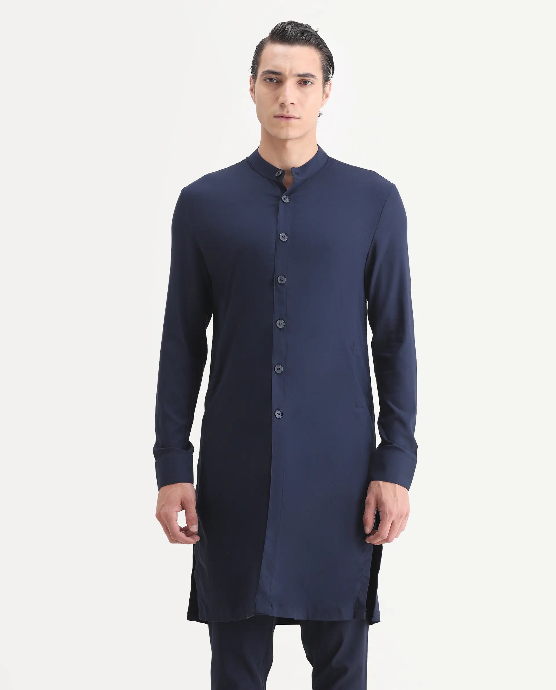 Rare Rabbit Men's Medok Dark Navy Plain Regular Fit Full Sleeve Mandarin Collar Kurta - Image 4