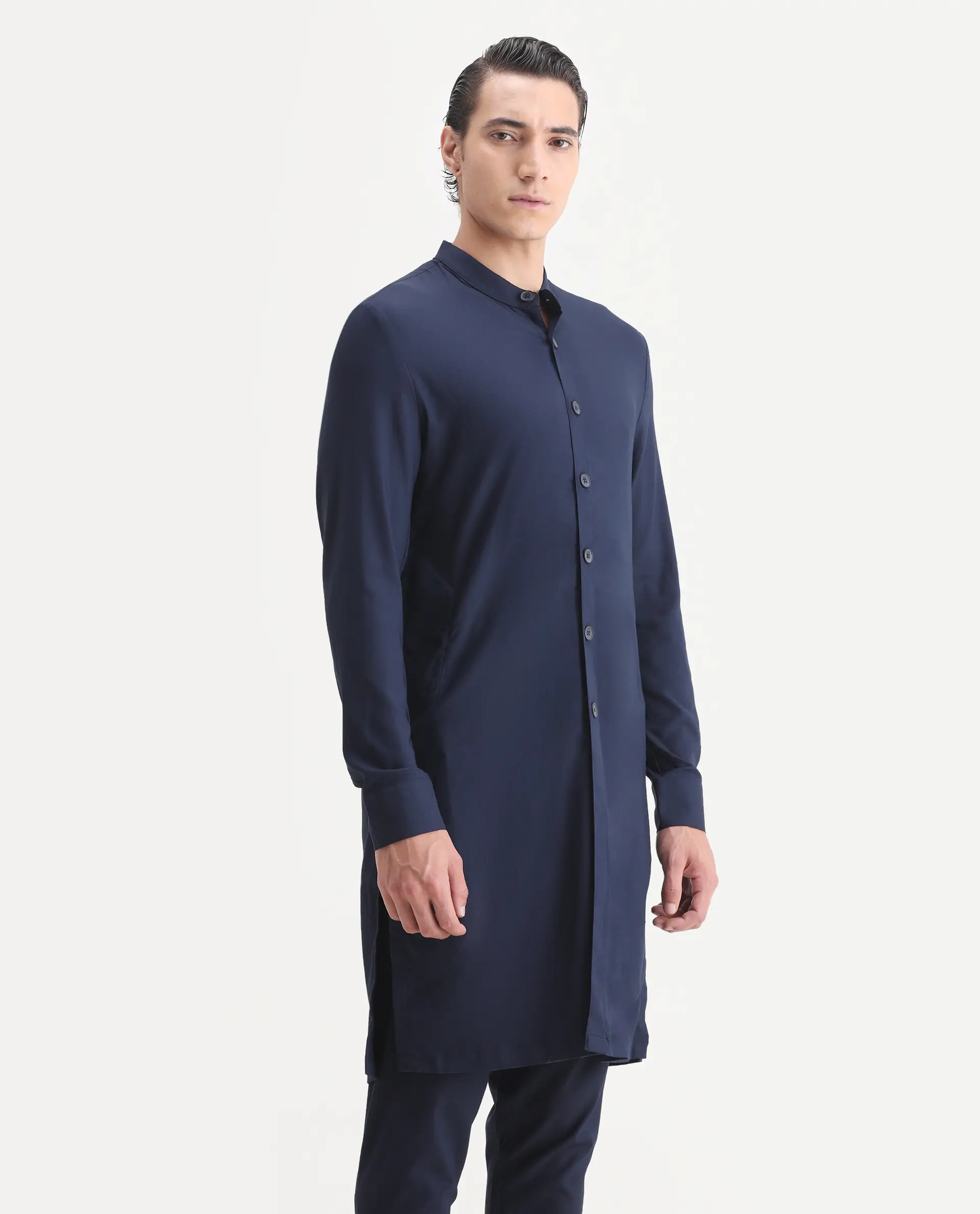 Rare Rabbit Men's Medok Dark Navy Plain Regular Fit Full Sleeve Mandarin Collar Kurta - Image 5