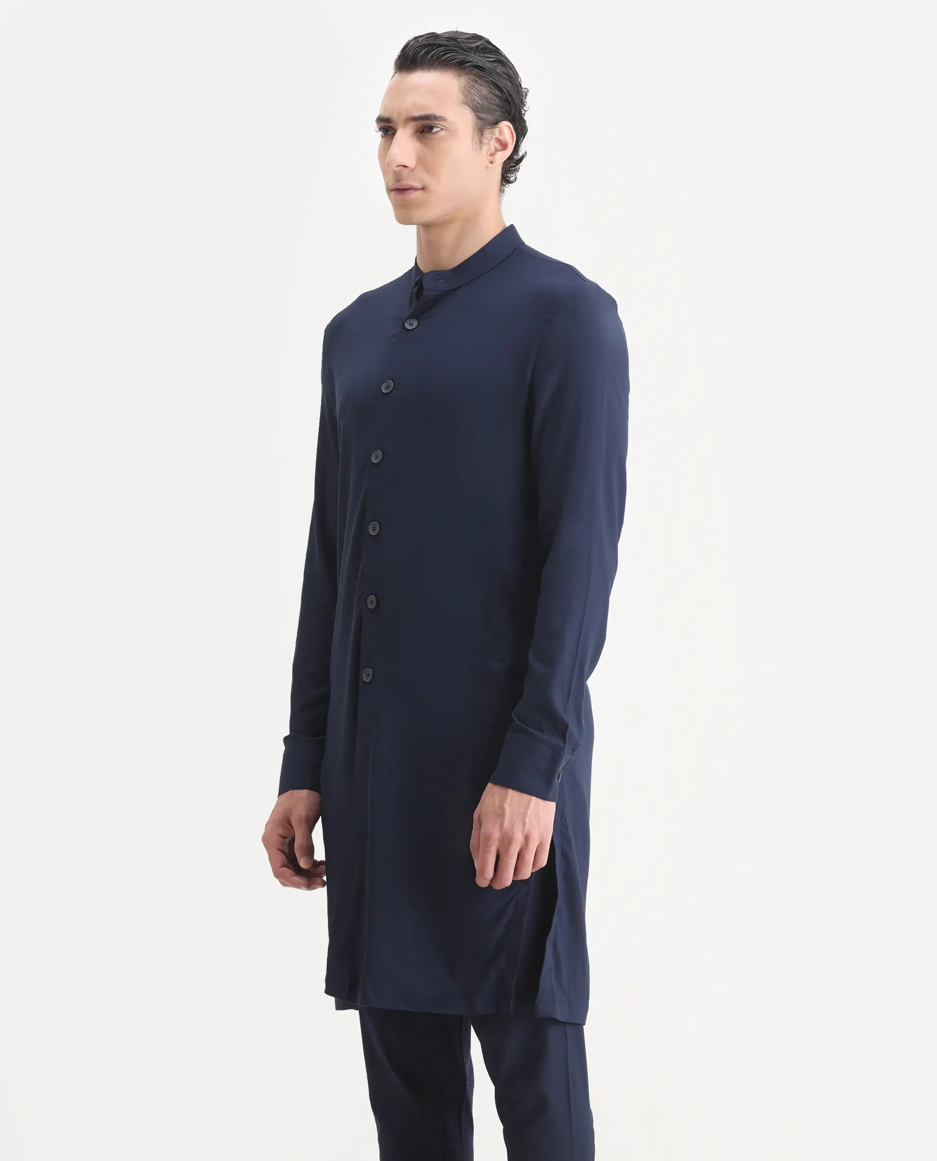 Rare Rabbit Men's Medok Dark Navy Plain Regular Fit Full Sleeve Mandarin Collar Kurta - Image 6