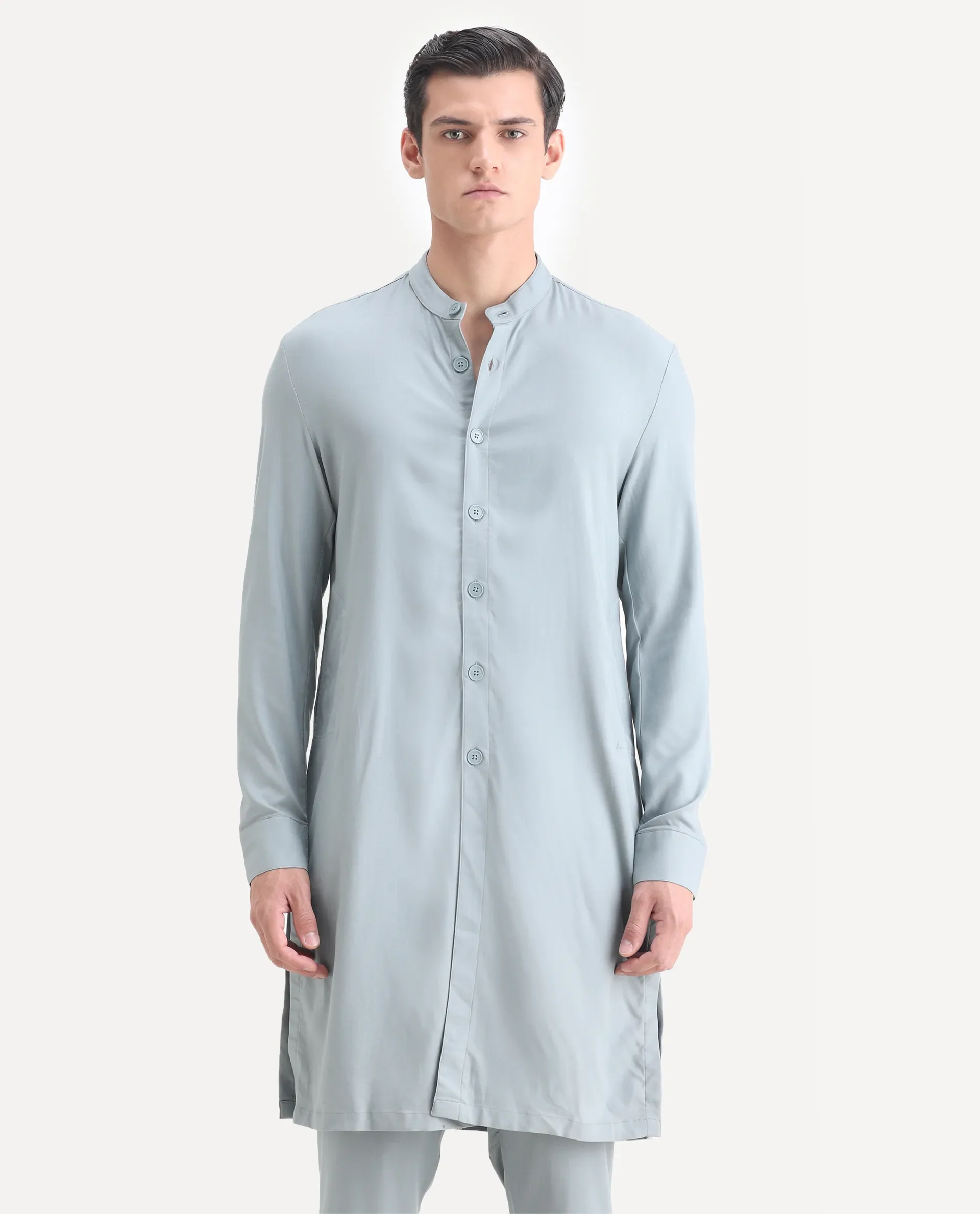 Rare Rabbit Men's Medok Dusky Green Plain Regular Fit Full Sleeve Mandarin Collar Kurta