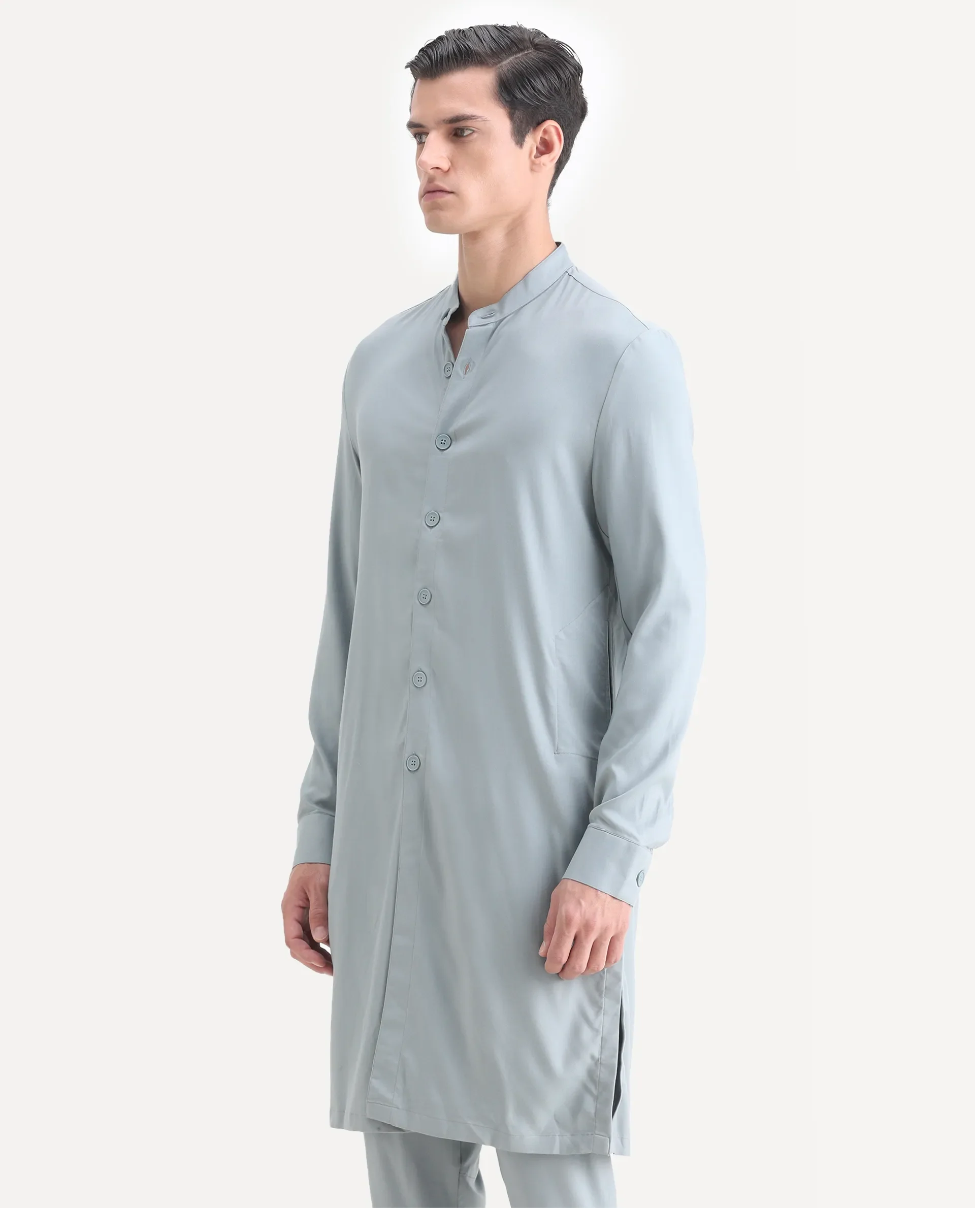 Rare Rabbit Men's Medok Dusky Green Plain Regular Fit Full Sleeve Mandarin Collar Kurta - Image 4