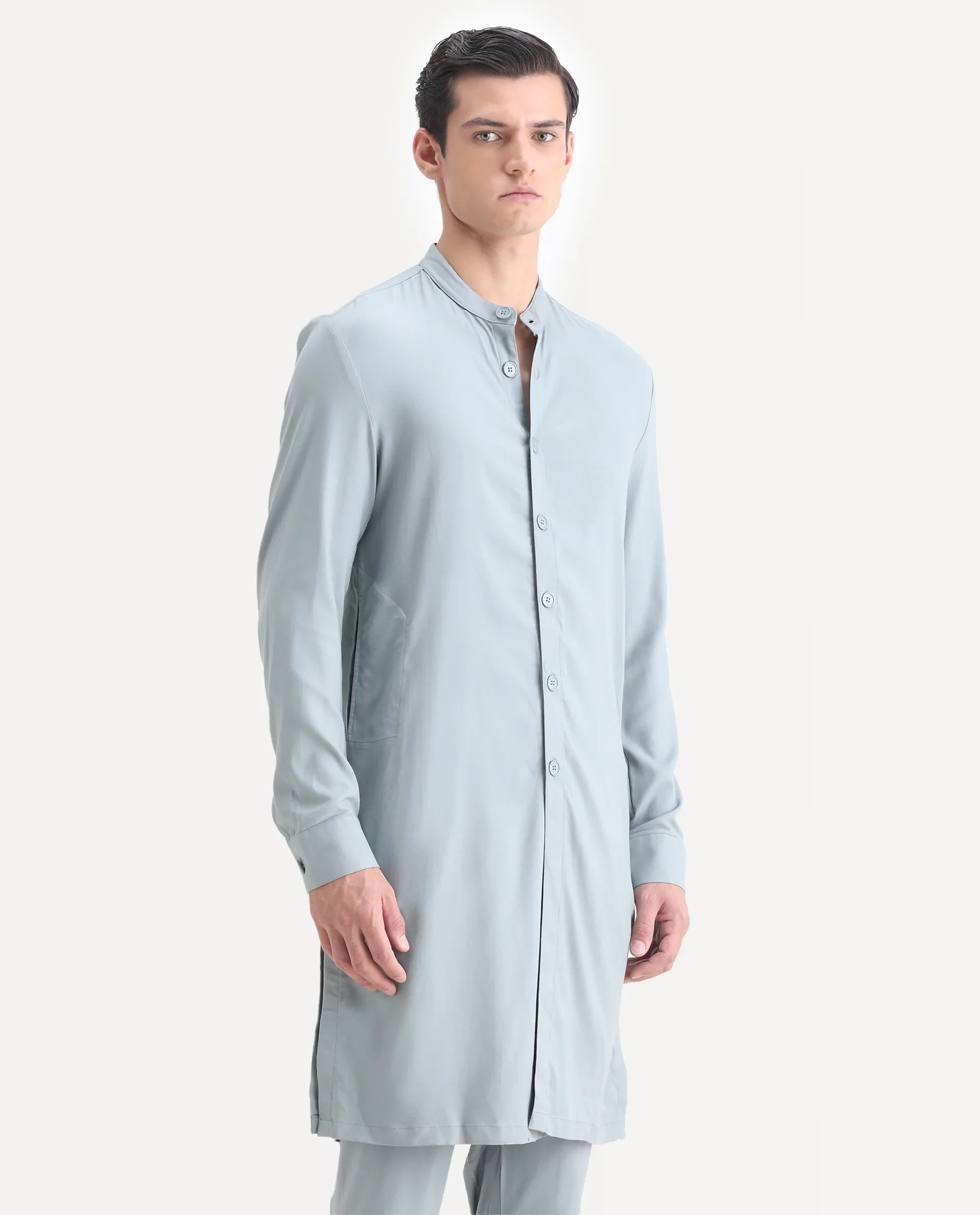 Rare Rabbit Men's Medok Dusky Green Plain Regular Fit Full Sleeve Mandarin Collar Kurta - Image 5