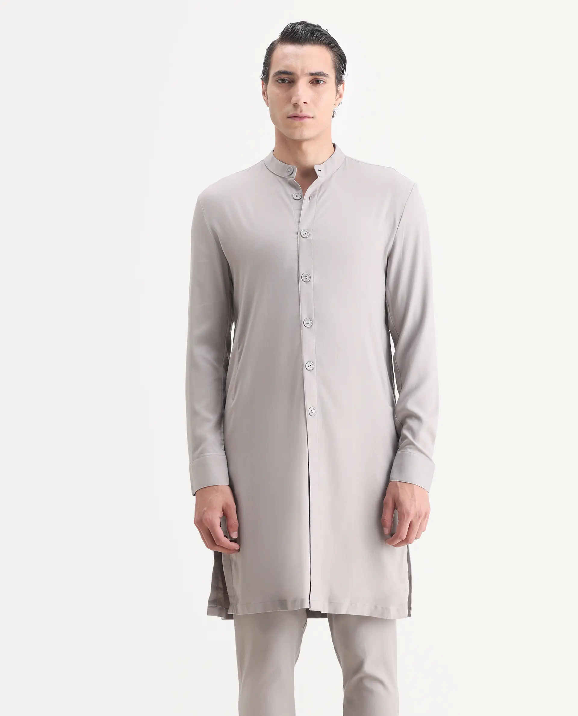 Rare Rabbit Men's Medok Grey Plain Regular Fit Full Sleeve Mandarin Collar Kurta - Image 4