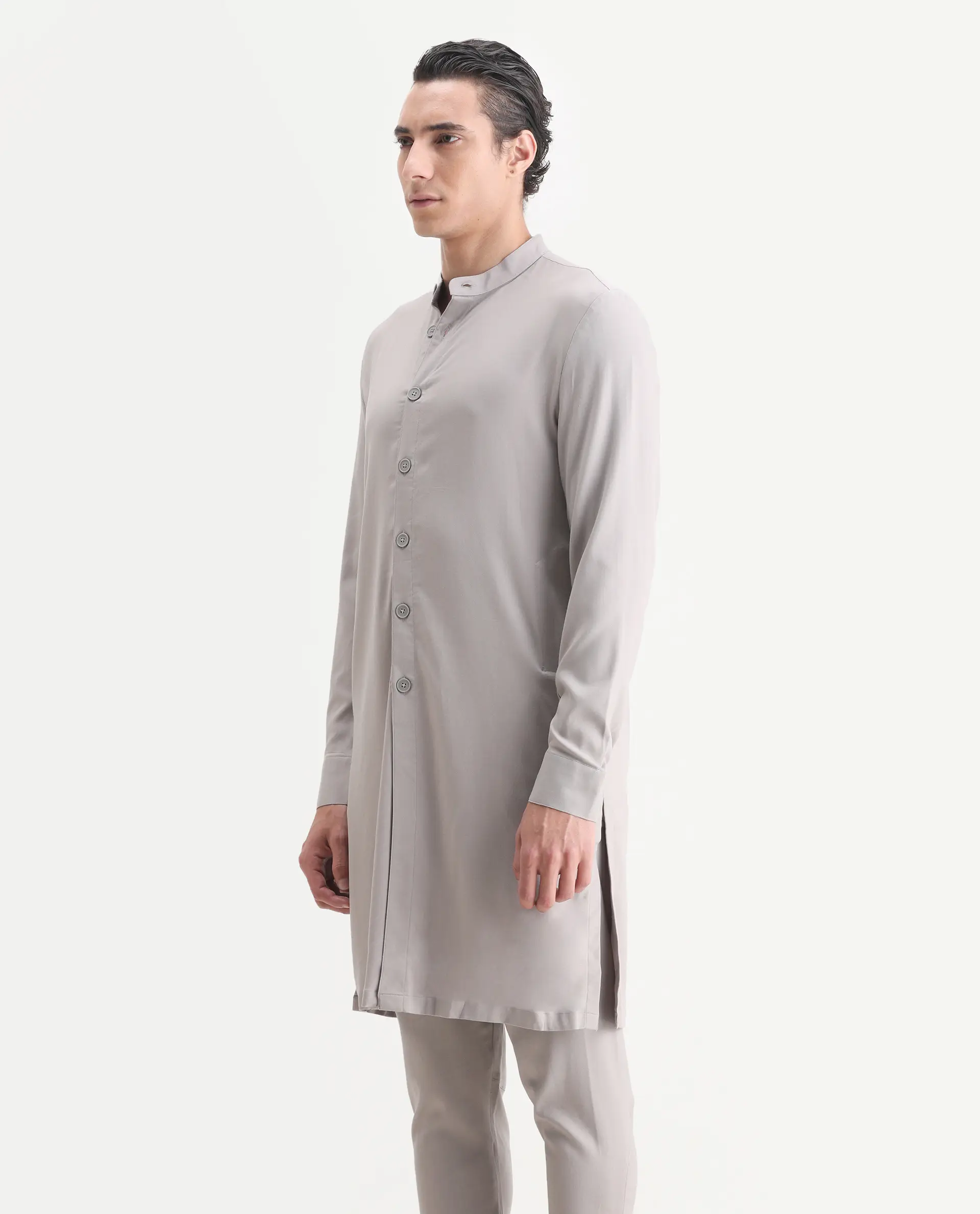 Rare Rabbit Men's Medok Grey Plain Regular Fit Full Sleeve Mandarin Collar Kurta - Image 5