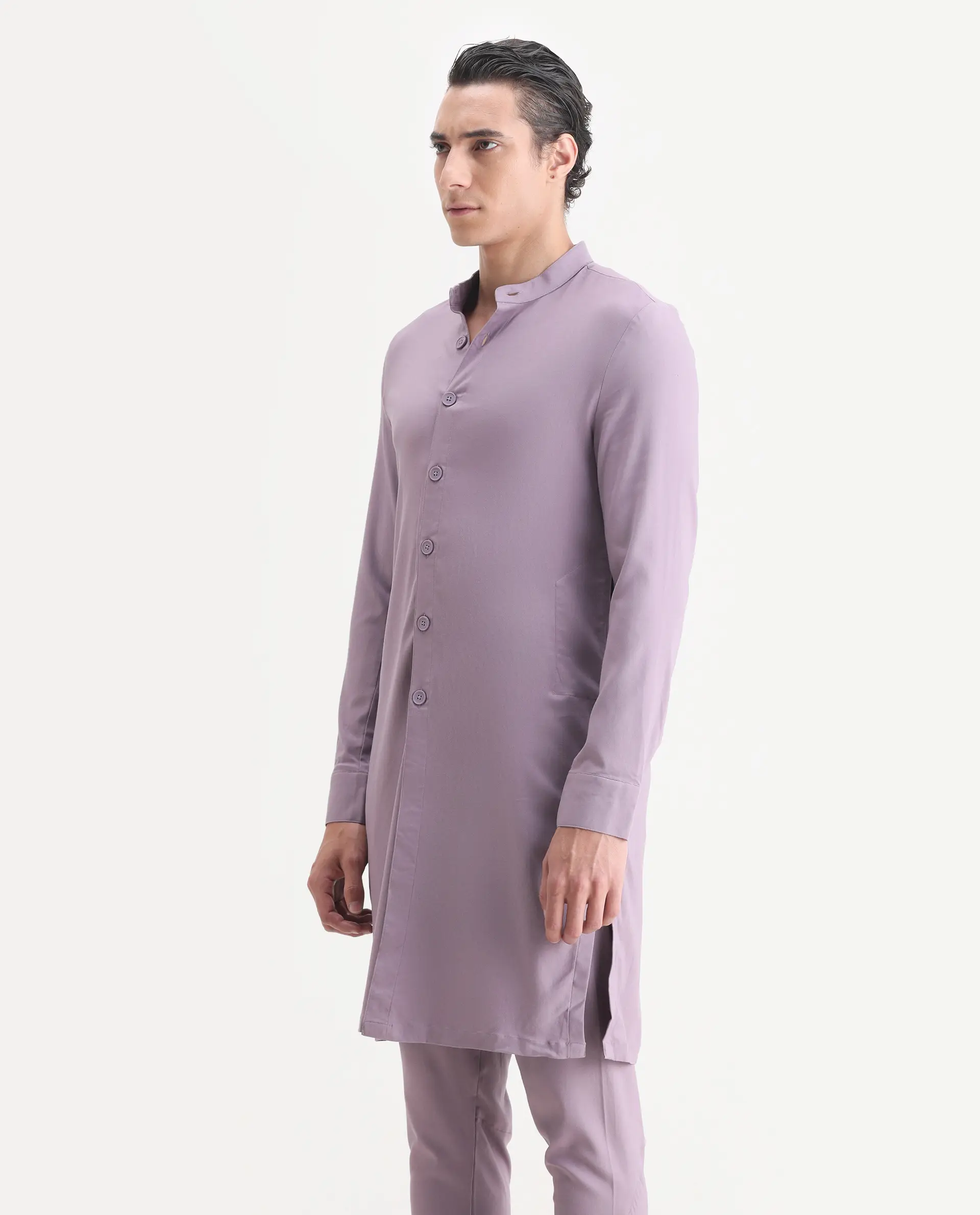 Rare Rabbit Men's Medo K Pastel Purple Plain Regular Fit Full Sleeve Mandarin Collar Kurta - Image 2