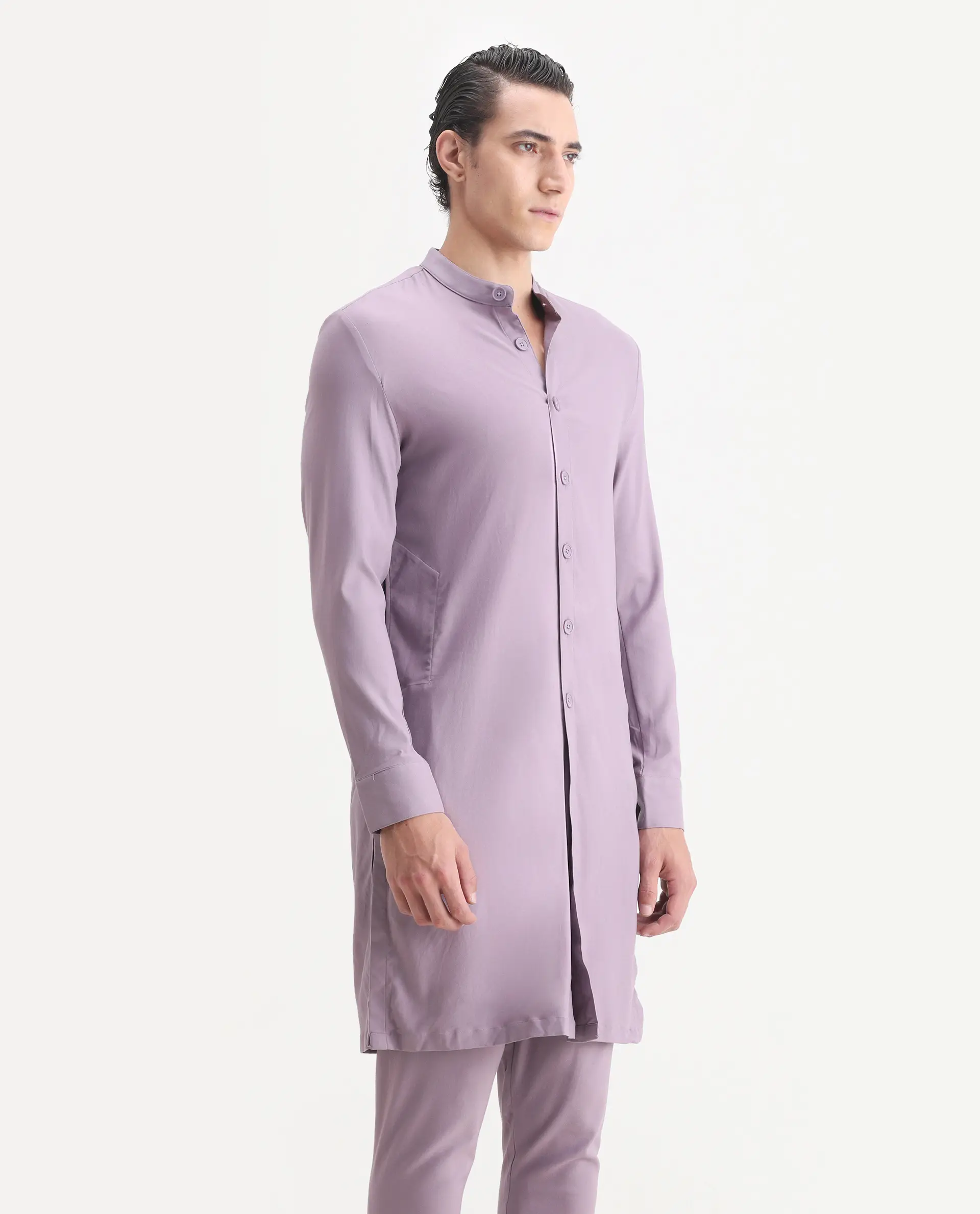 Rare Rabbit Men's Medo K Pastel Purple Plain Regular Fit Full Sleeve Mandarin Collar Kurta - Image 3