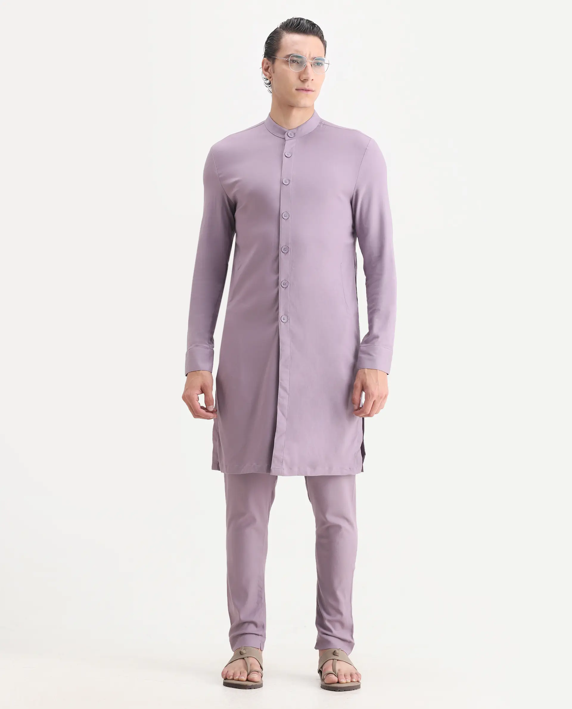 Rare Rabbit Men's Medo K Pastel Purple Plain Regular Fit Full Sleeve Mandarin Collar Kurta - Image 5