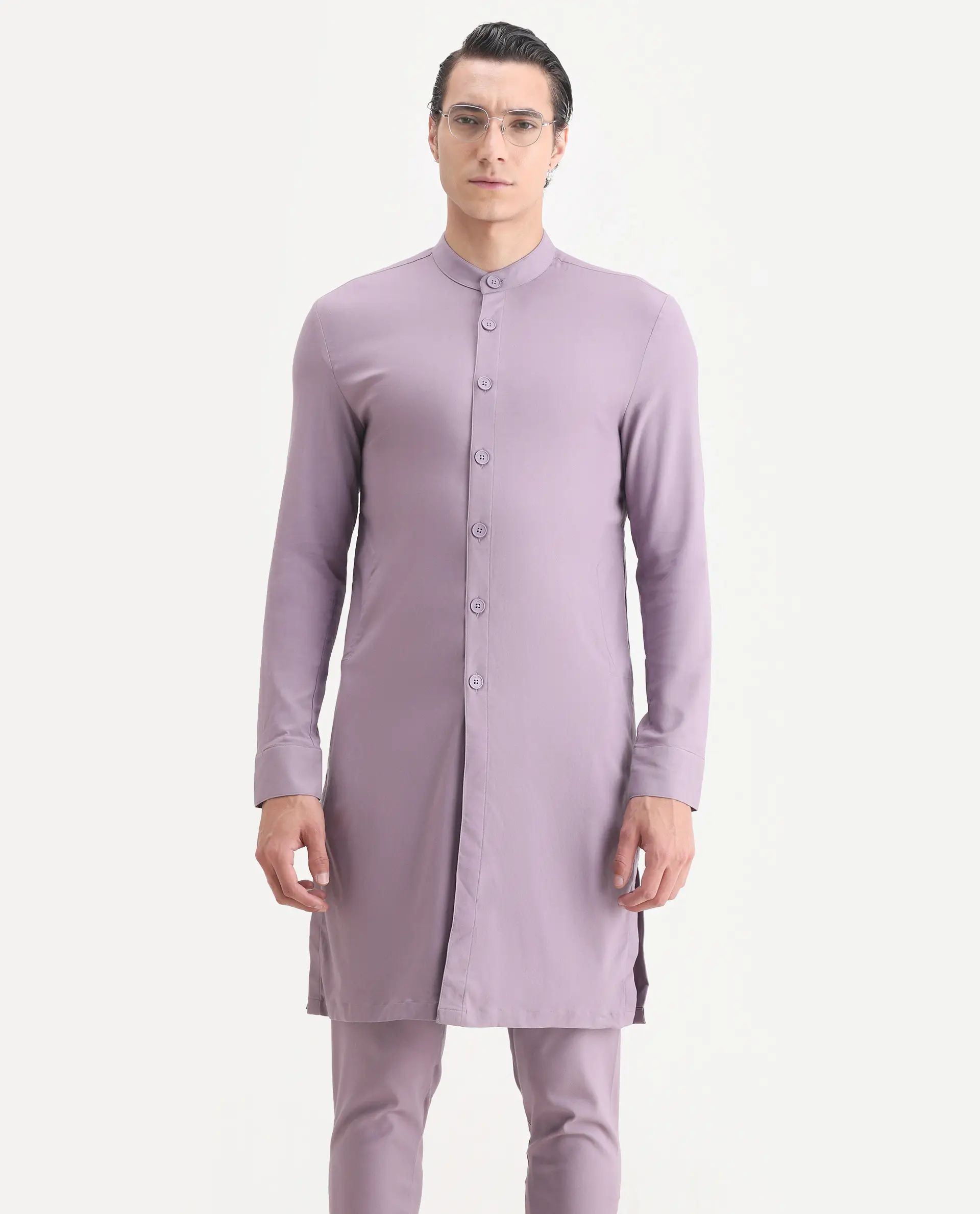 Rare Rabbit Men's Medo K Pastel Purple Plain Regular Fit Full Sleeve Mandarin Collar Kurta - Image 6