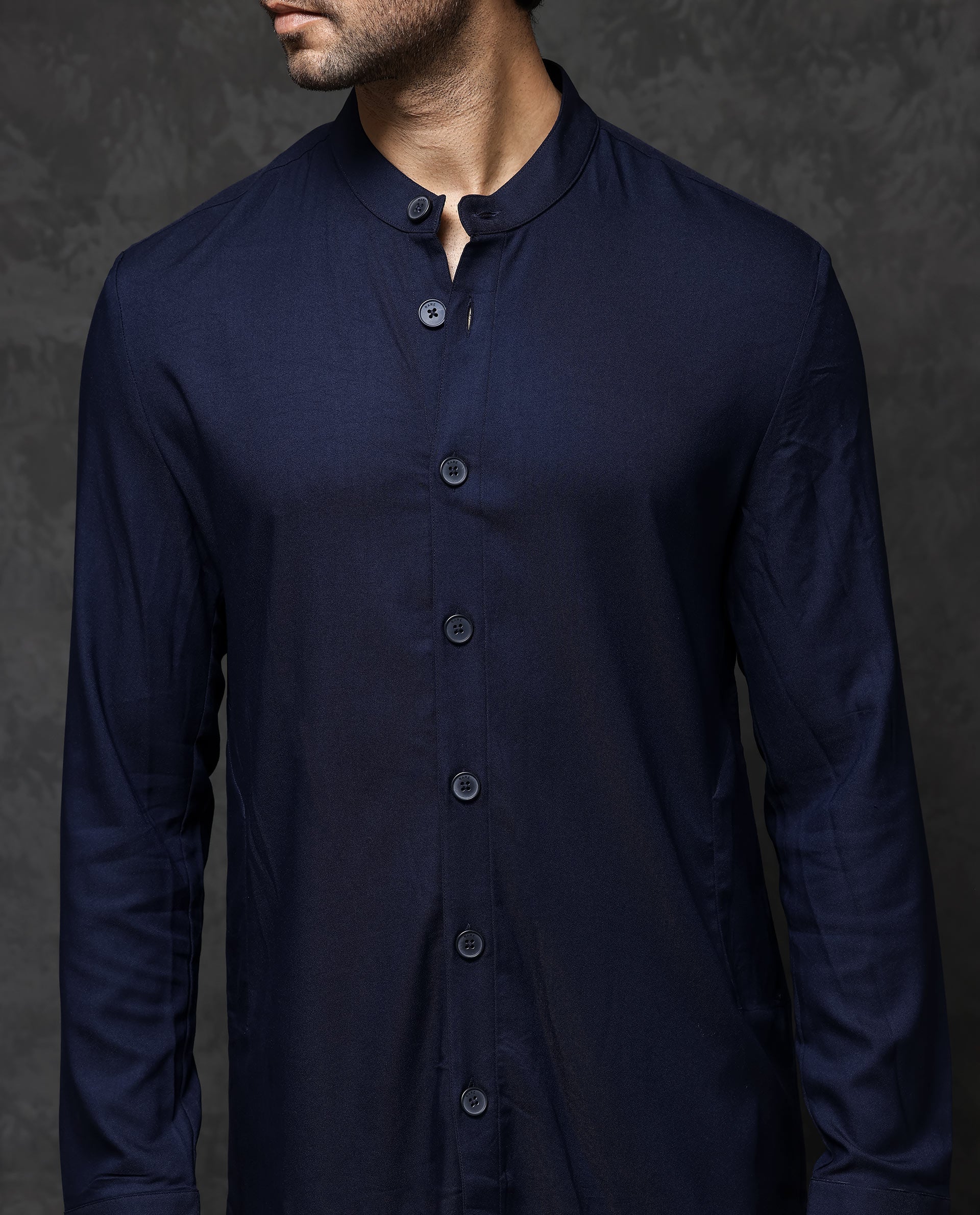 Rare Rabbit Men's Medo-K1 Dark Navy Viscose Plain Regular Fit Full Sleeve Mandarin Collar Kurta - Image 3