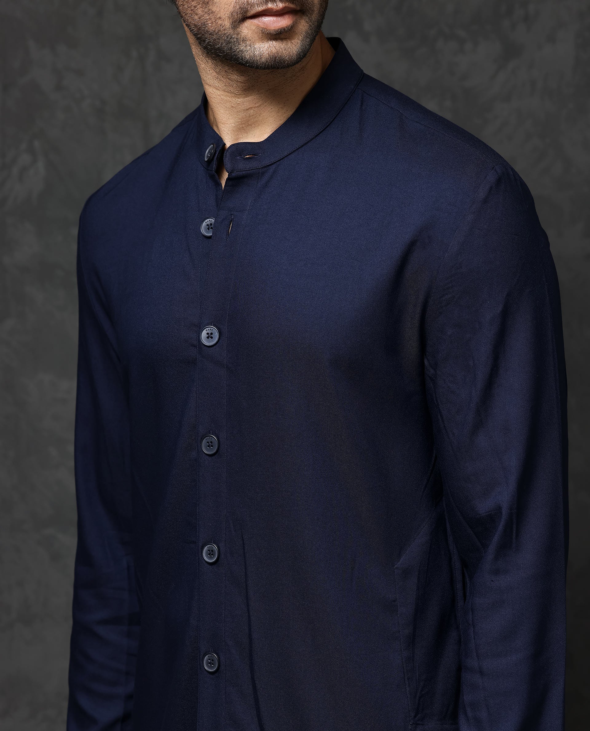 Rare Rabbit Men's Medo-K1 Dark Navy Viscose Plain Regular Fit Full Sleeve Mandarin Collar Kurta - Image 5