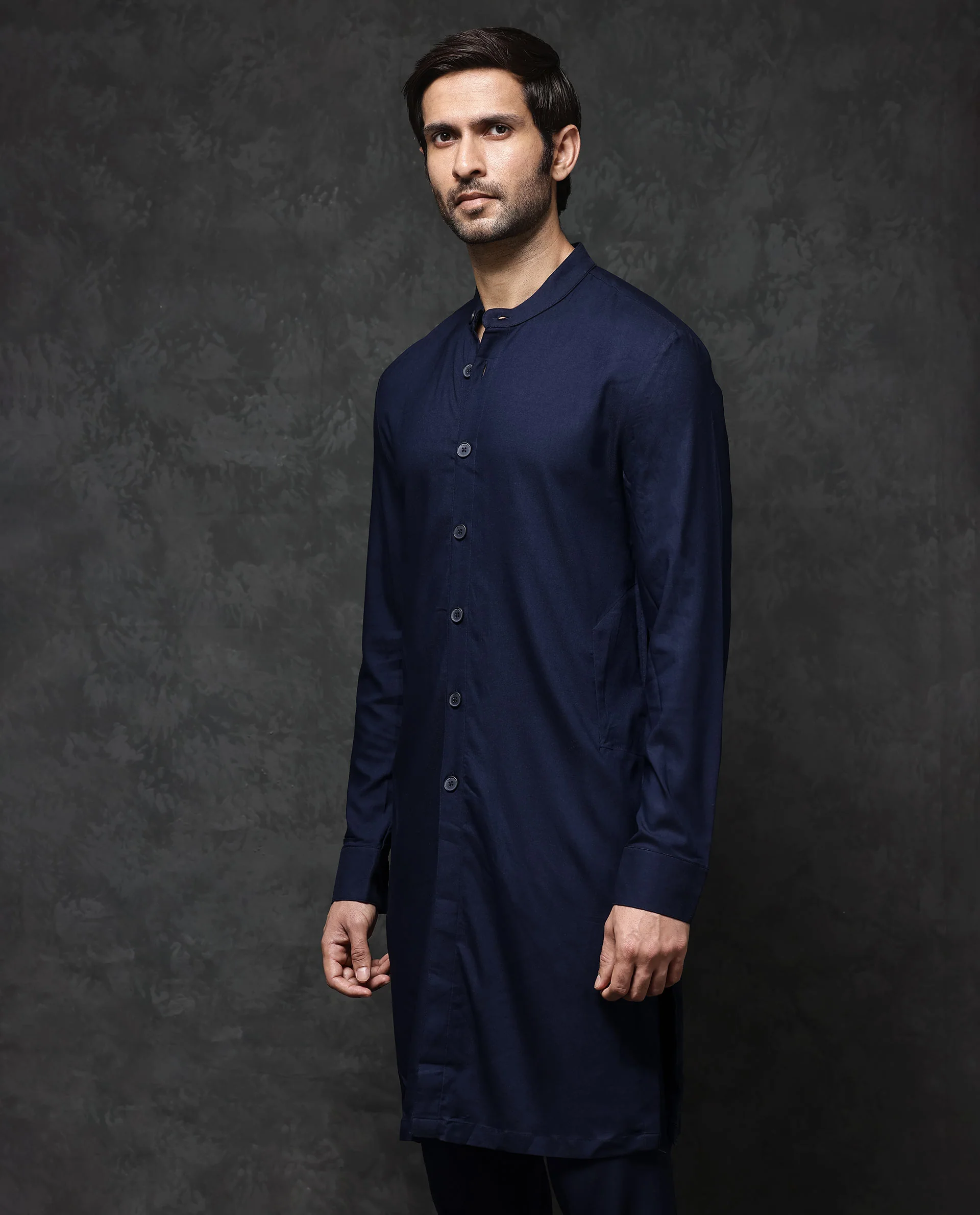 Rare Rabbit Men's Medo-K1 Dark Navy Viscose Plain Regular Fit Full Sleeve Mandarin Collar Kurta - Image 6