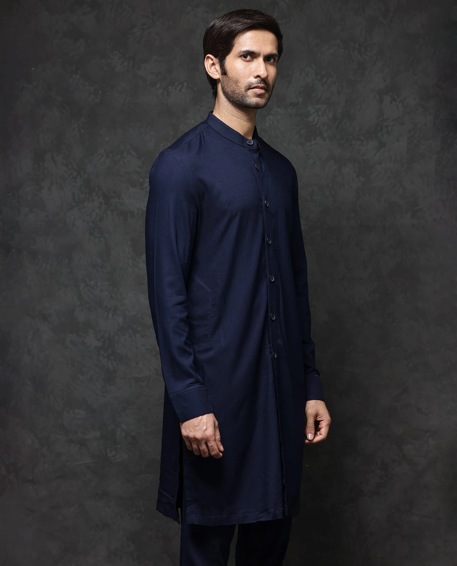 Rare Rabbit Men's Medo-K1 Dark Navy Viscose Plain Regular Fit Full Sleeve Mandarin Collar Kurta - Image 7