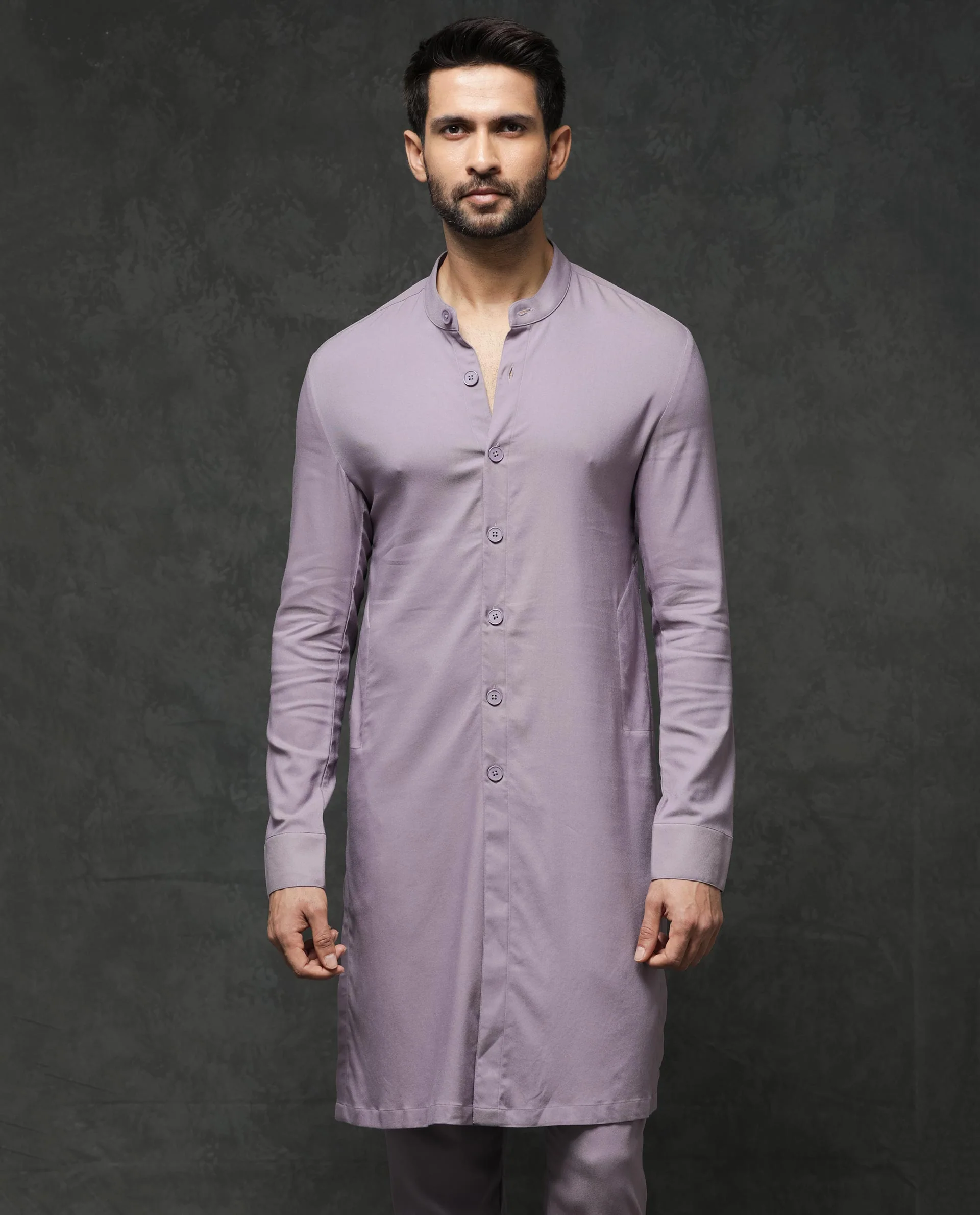 Rare Rabbit Men's Medo K1 Pastel Purple Viscose Plain Regular Fit Full Sleeve Mandarin Collar Kurta