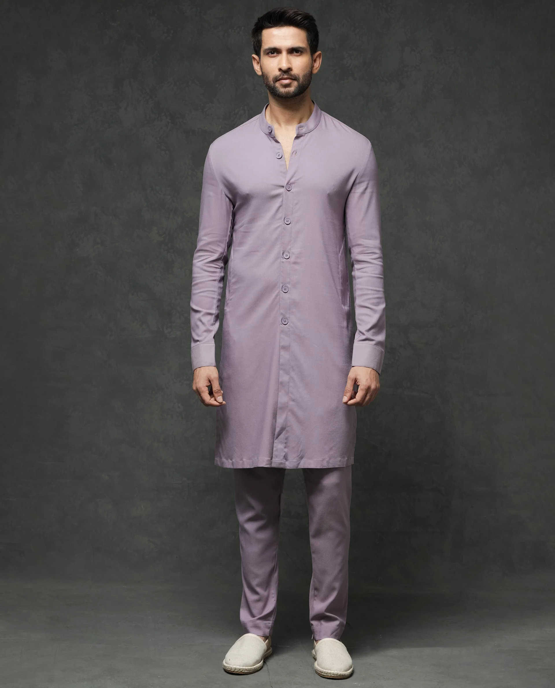 Rare Rabbit Men's Medo K1 Pastel Purple Viscose Plain Regular Fit Full Sleeve Mandarin Collar Kurta - Image 4
