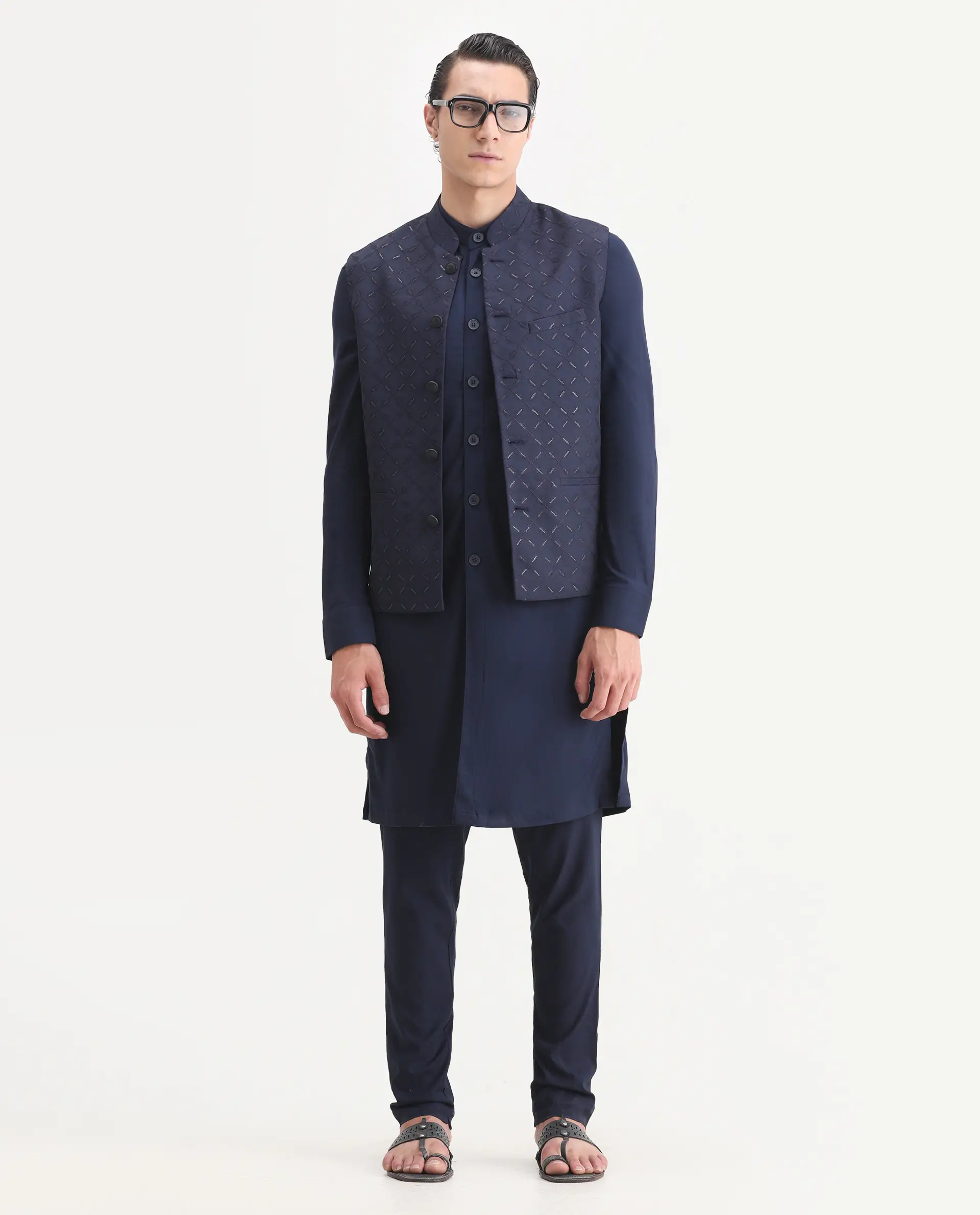 Rare Rabbit Men's Medo-Kpb Dark Navy Viscose Embroidered Regular Fit Full Sleeve Mandarin Collar Kurta Suit - Image 2